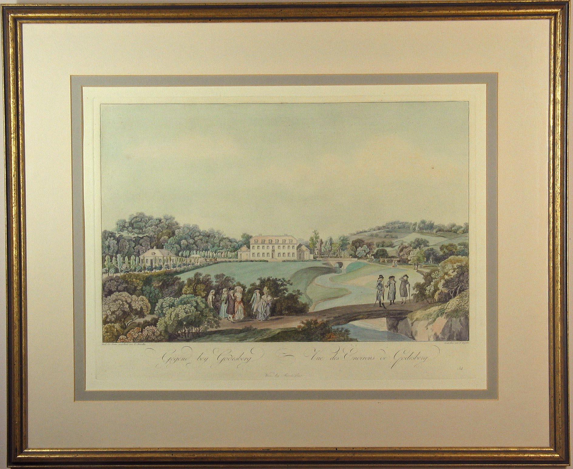 Hand-Painted Lot of Three Framed Decorative Hand Colored Topographical Etchings For Sale