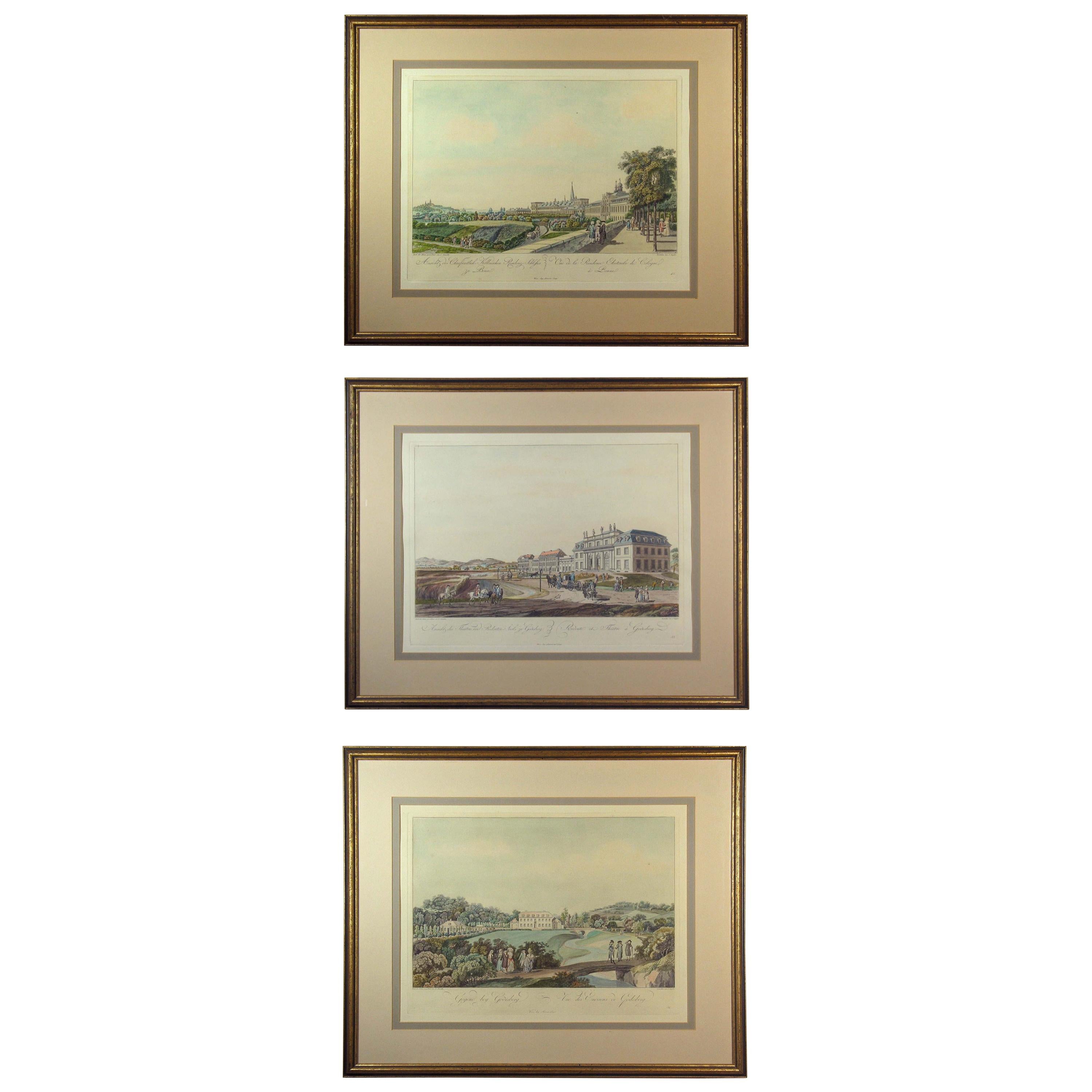 Lot of Three Framed Decorative Hand Colored Topographical Etchings