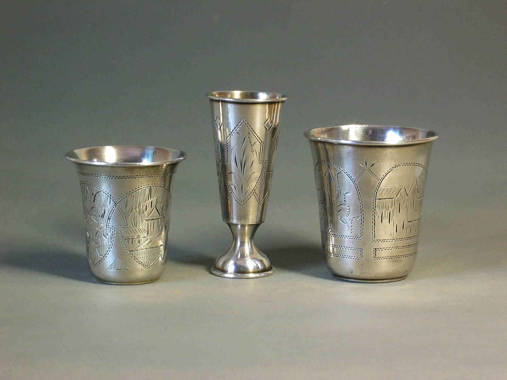 Kazak Lot of Three Imperial Russian Silver Vodka Cups