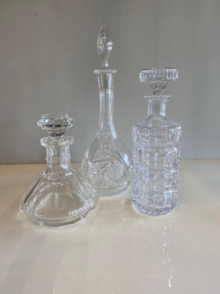 Lot of Three Lead Crystal Carafes for Alcohol, Cut and Pressed, 20th