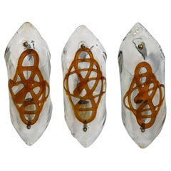Lot of Three Murano Glass & Brass Sconces Mid-Century Modern Italy Toni Zuccheri
