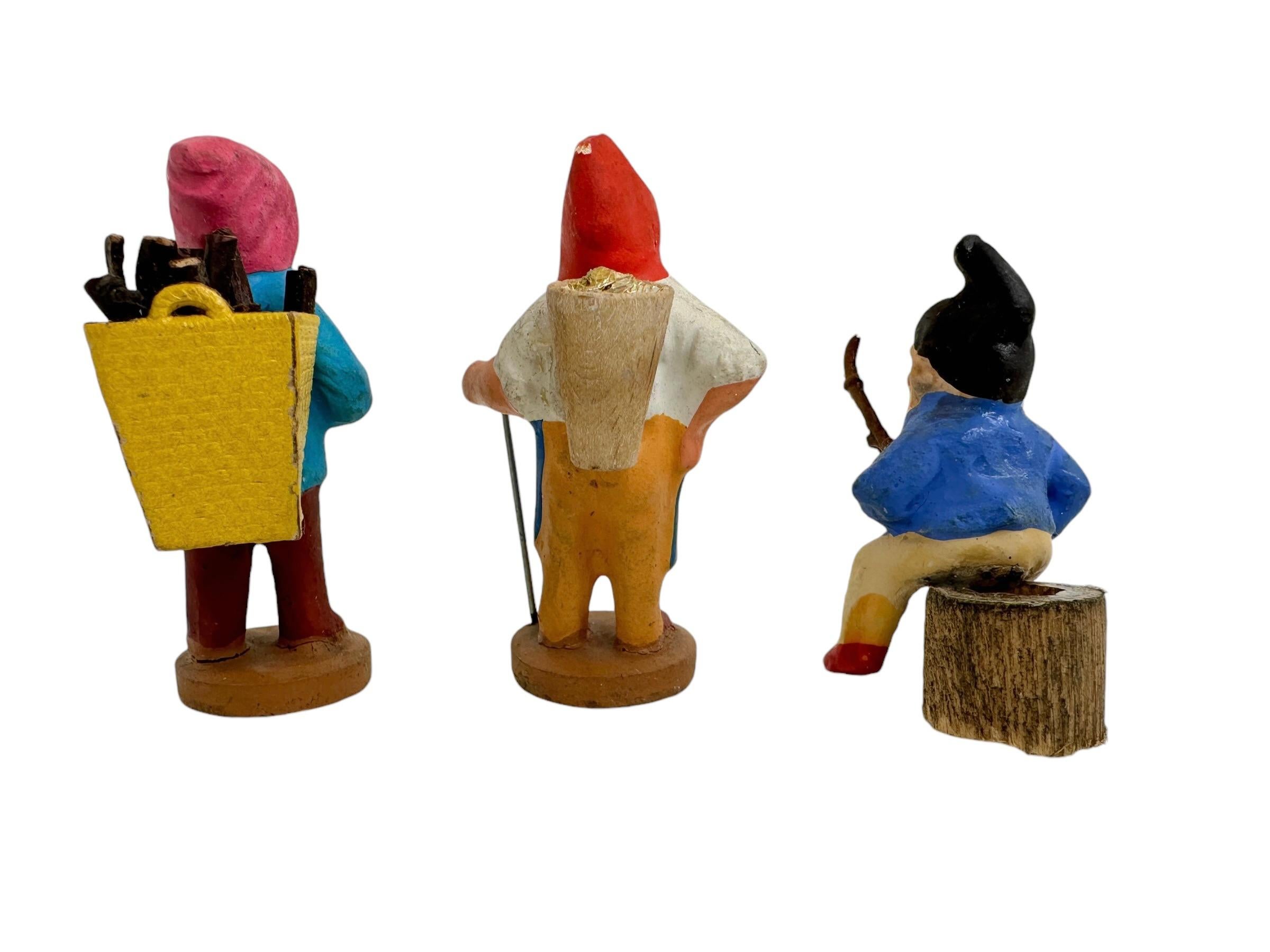 Folk Art Lot of Three Putz Toy Gnomes Antique German Erzgebirge Christmas 1920s For Sale