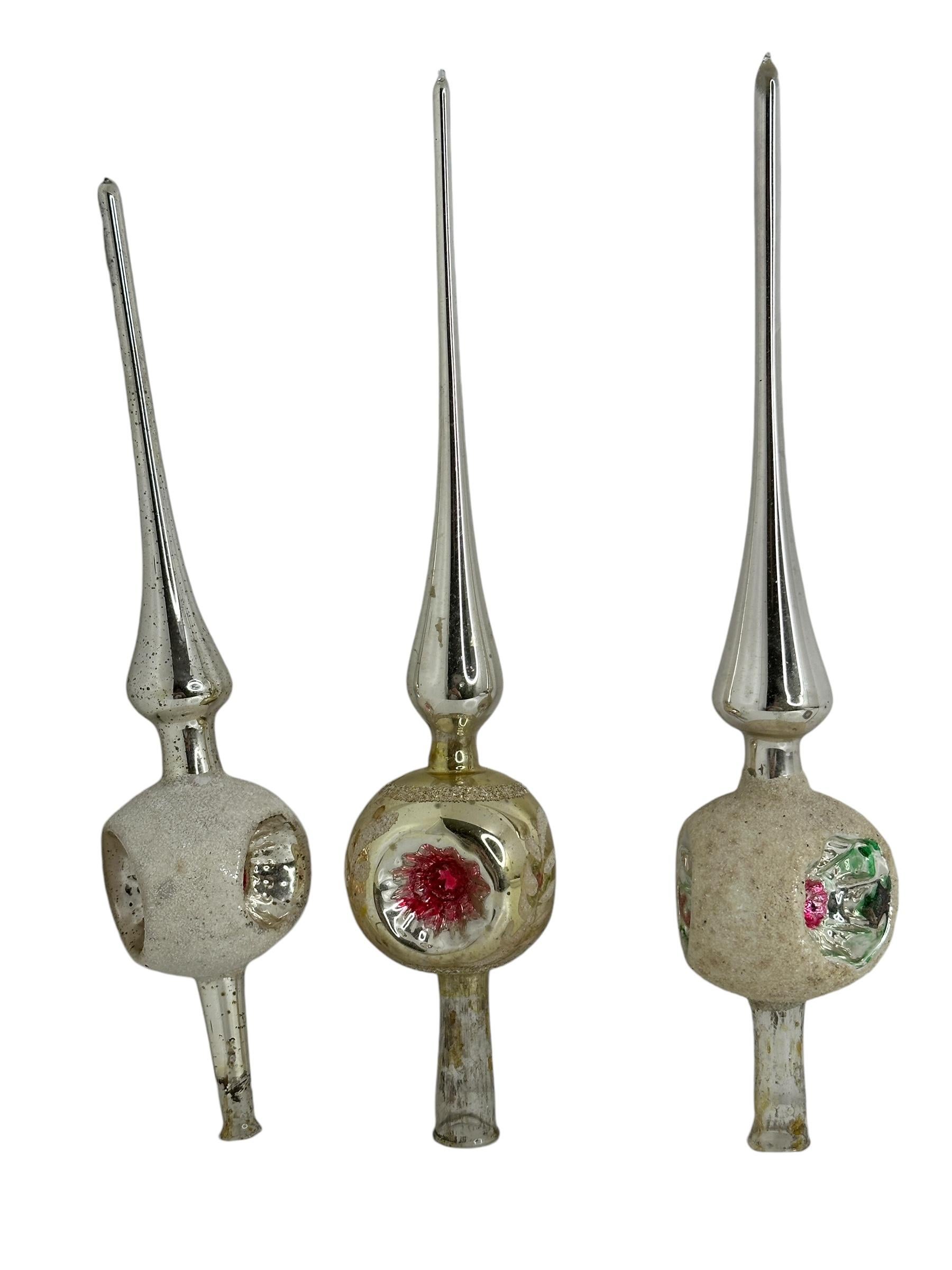 Folk Art Lot of Three Vintage Antique Mercury Glass Christmas Tree Topper German, 1910s For Sale