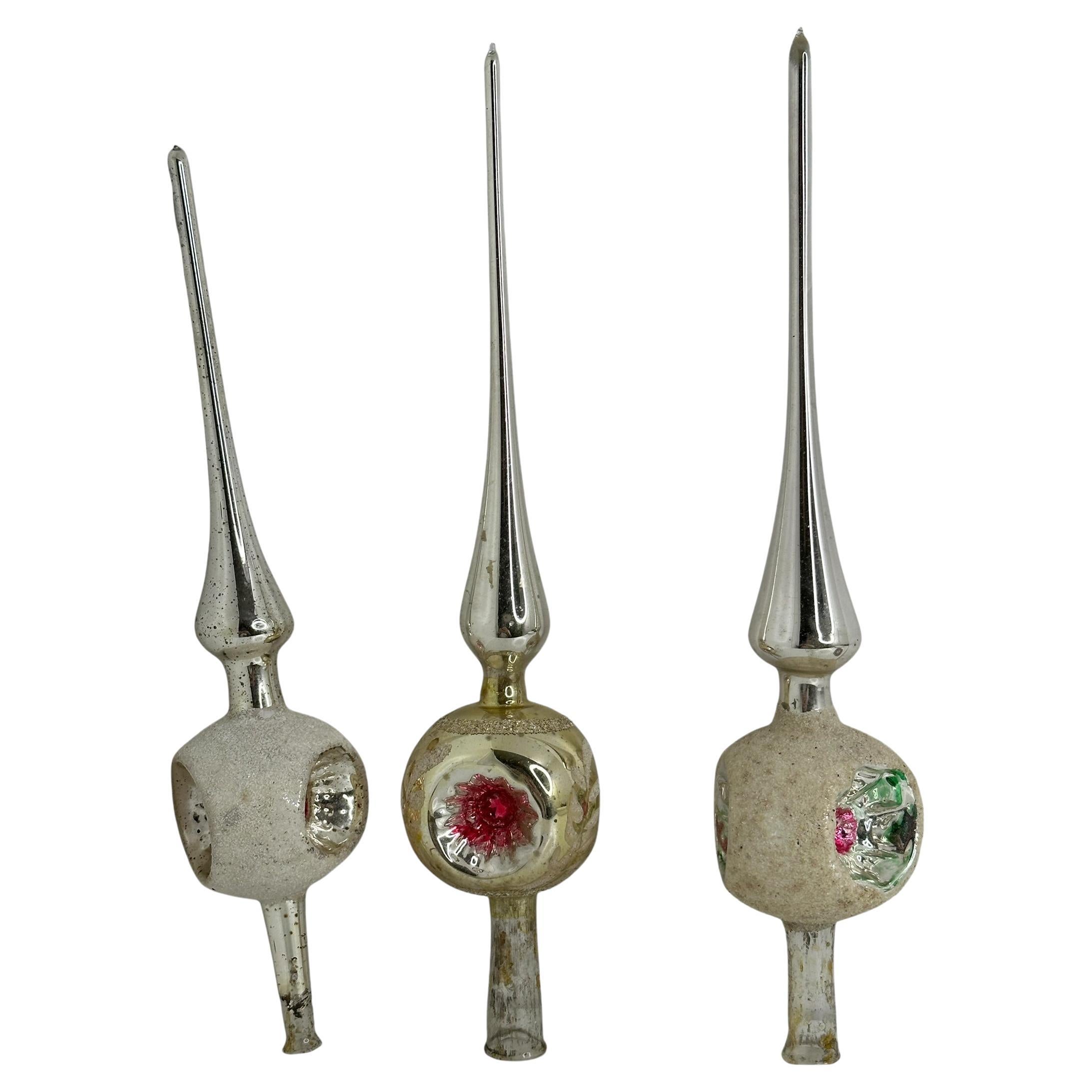 Lot of Three Vintage Antique Mercury Glass Christmas Tree Topper German, 1910s