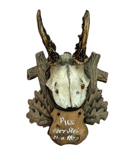 Lot of two Deer Antler Mount Trophy Black Forest Wood Plaque Austria Folk Art