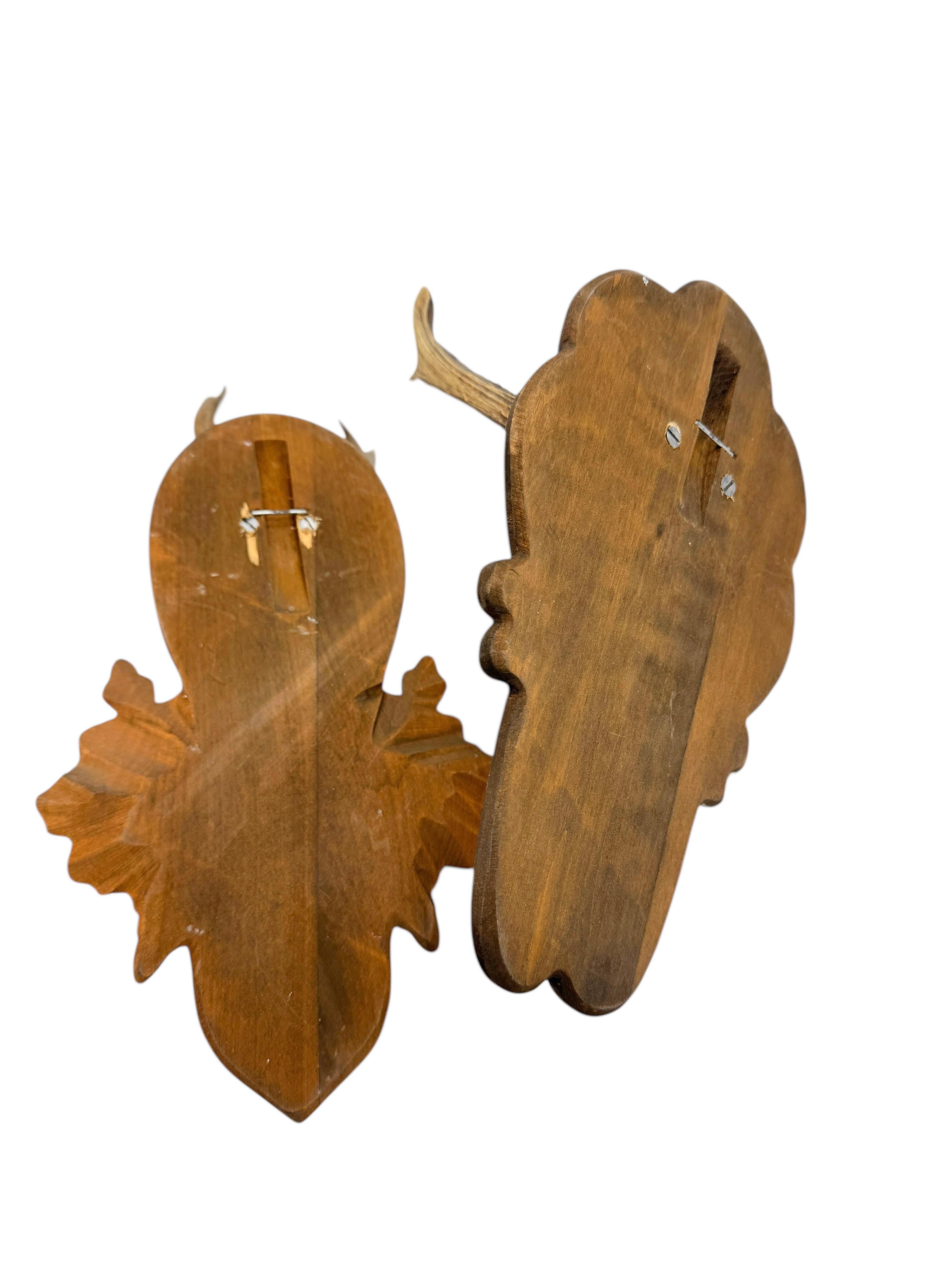 Lot of two Deer Antler Mount Trophy Black Forest Wood Plaque Austria Folk Art en vente 1