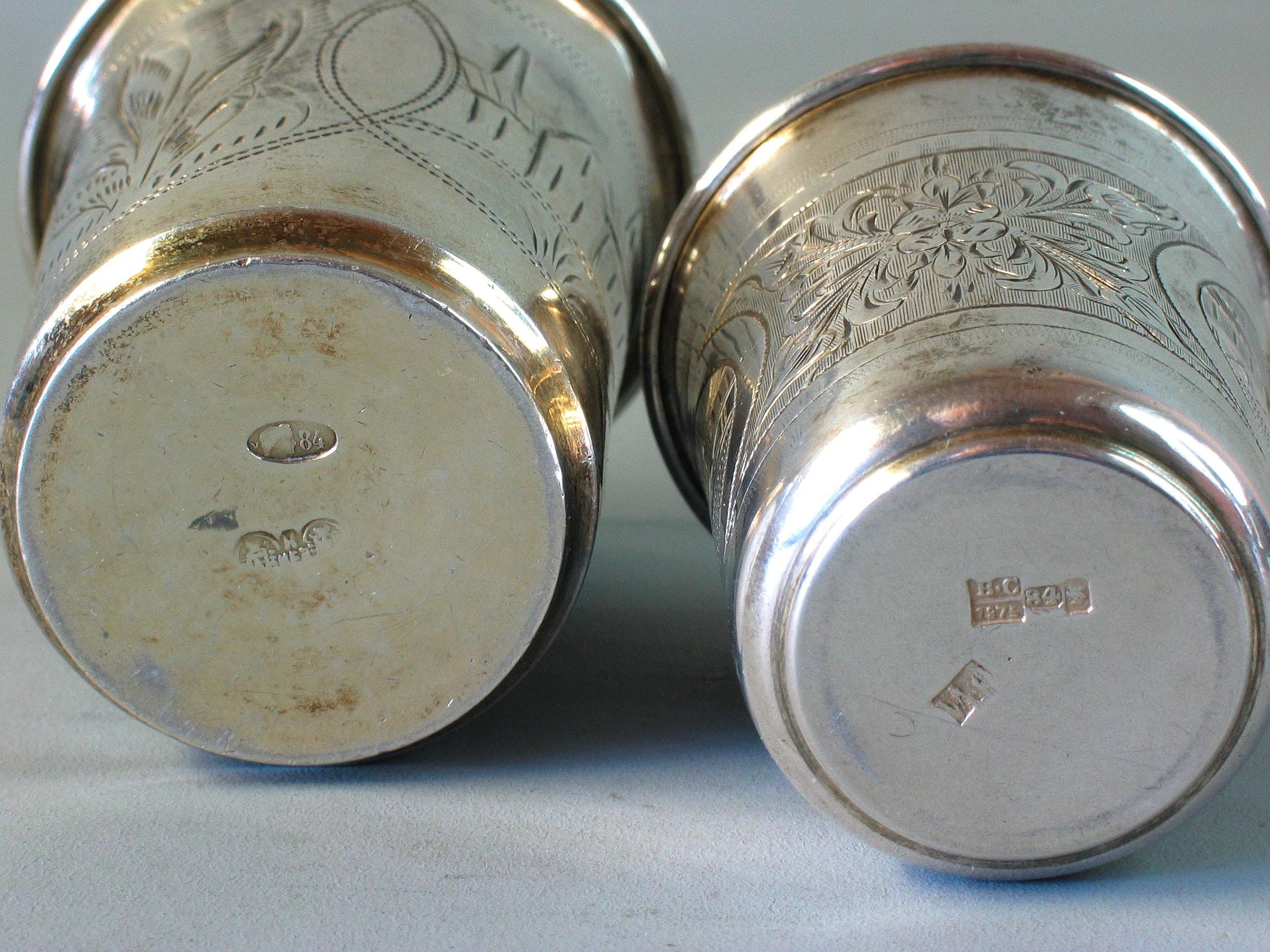 Engraved Lot of Two Imperial Russian Silver Vodka Cups For Sale