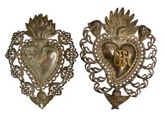 Lot of Two Silver Sacred Heart Ex Voto with Cherub Angel, Antique European 1900s