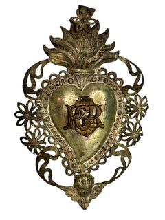 Lot of Two Silver Sacred Heart Ex Voto with Cherub Angel, Antique European 1900s