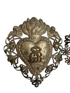 Lot of Two Silver Sacred Heart Ex Voto with Cherub Angel, Antique European 1900s