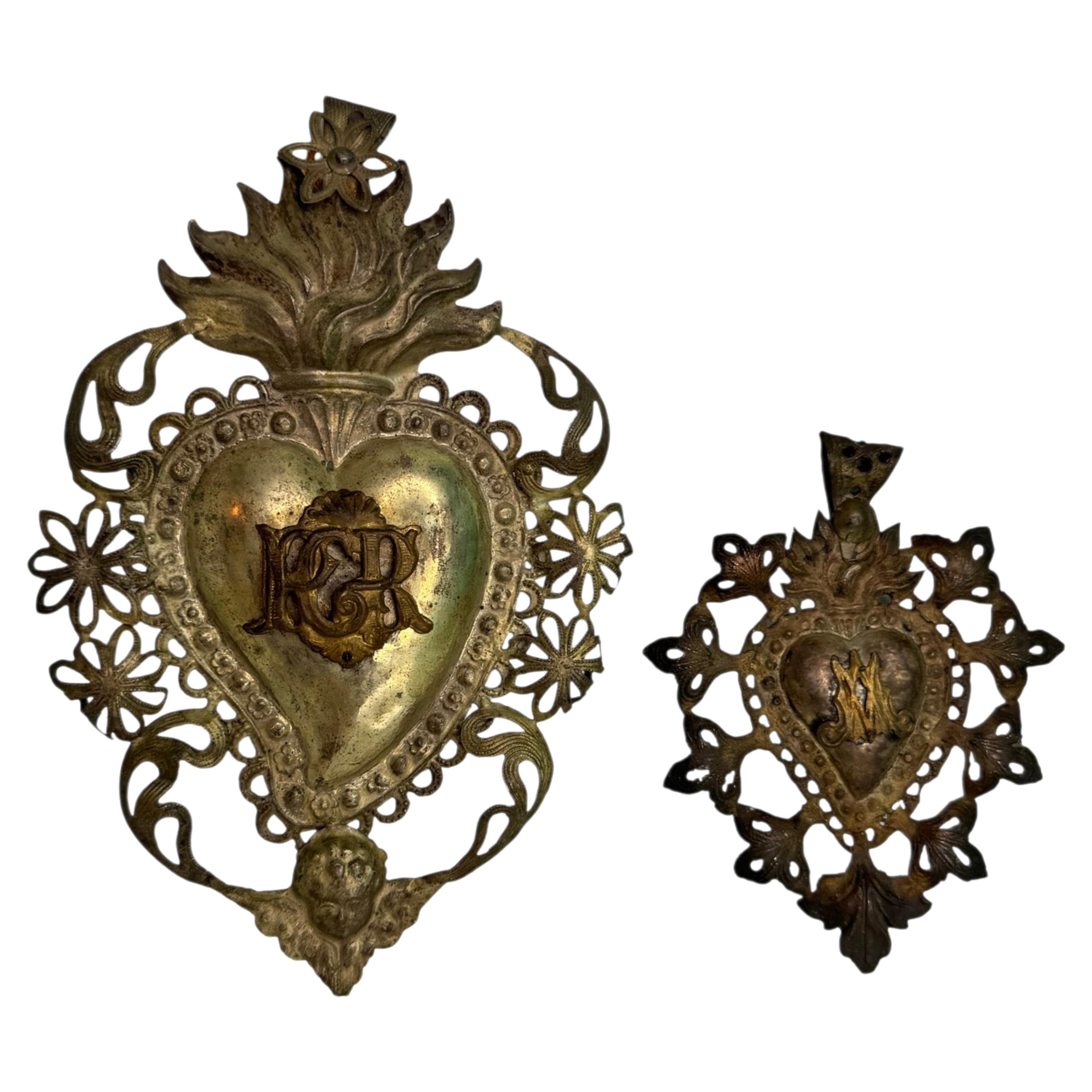 Lot of Two Silver Sacred Heart Ex Voto with Cherub Angel, Antique European 1900s