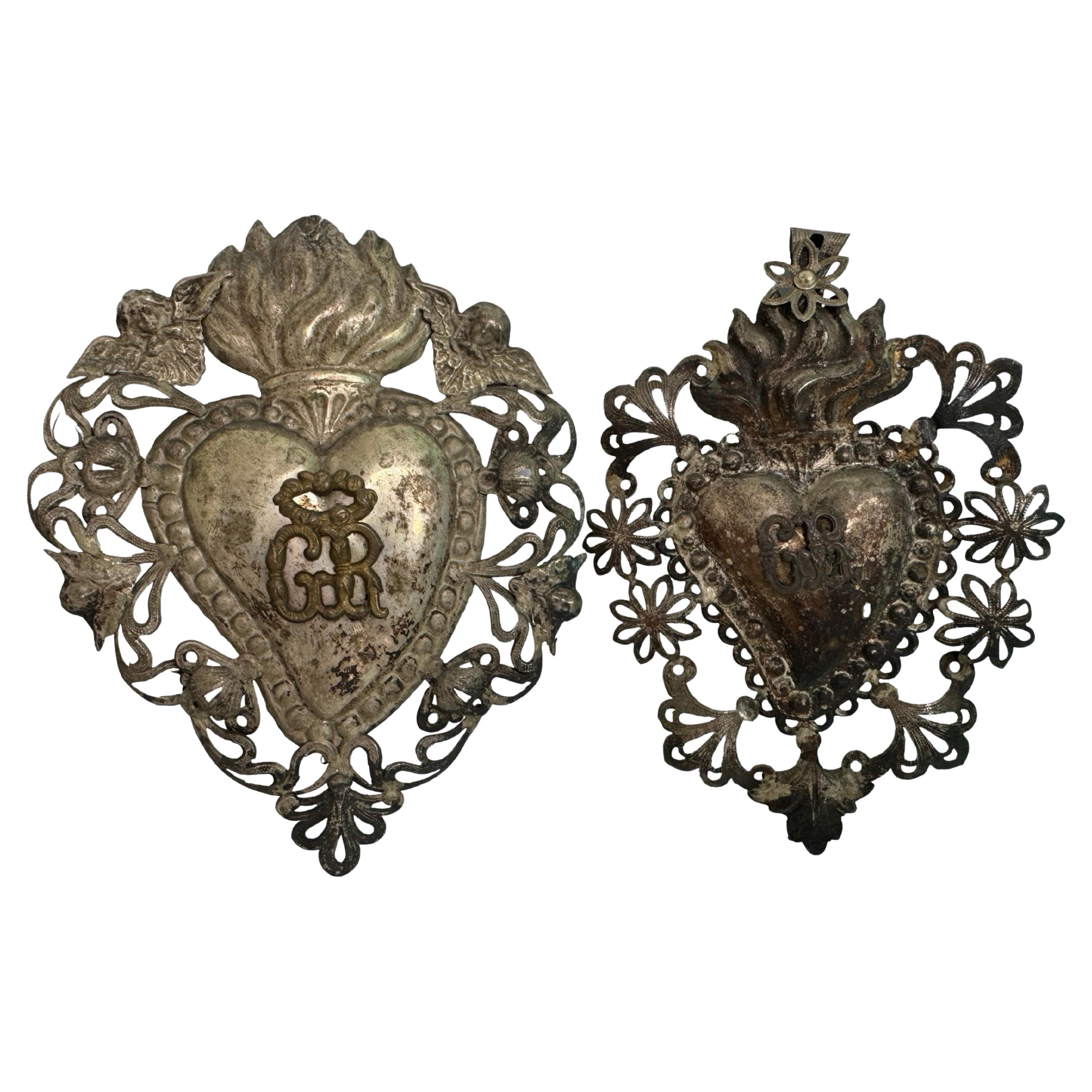Lot of Two Silver Sacred Heart Ex Voto with Cherub Angel, Antique European 1900s
