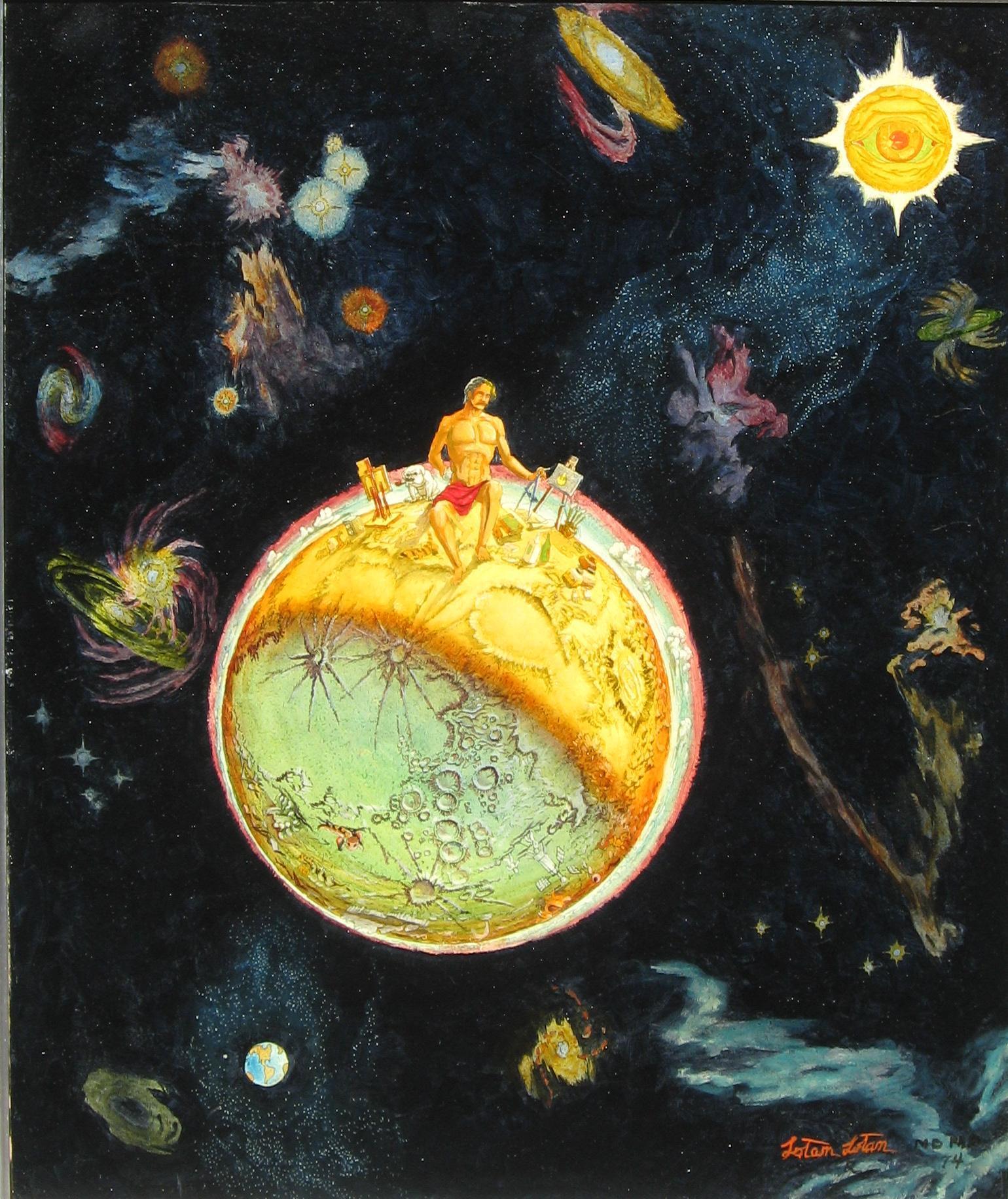 Surreales Lotan-Lotan-Gemälde, signiert und datiert 1974, Künstler auf der Spitze der Welt – Painting von Lotan Lotan