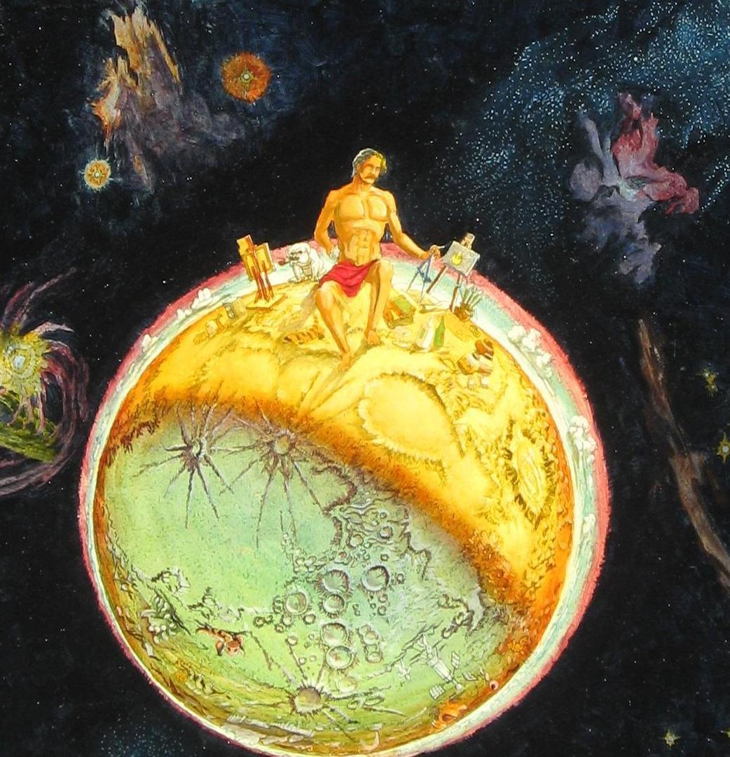 Surreales Lotan-Lotan-Gemälde, signiert und datiert 1974, Künstler auf der Spitze der Welt (Schwarz), Abstract Painting, von Lotan Lotan