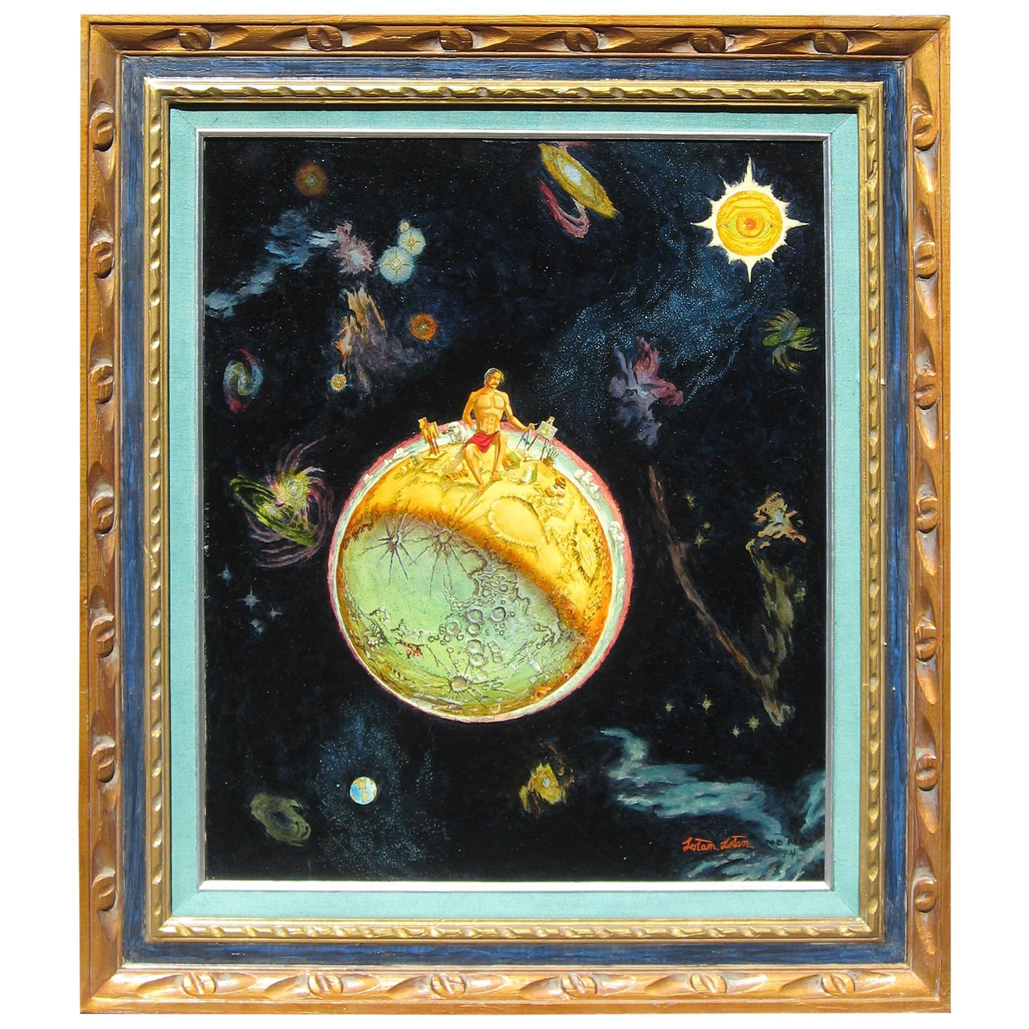 Lotan Lotan Abstract Painting – Surreales Lotan-Lotan-Gemälde, signiert und datiert 1974, Künstler auf der Spitze der Welt