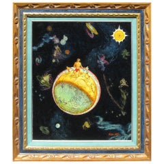 Lotan Lotan Surreal Painting Signed and Dated 1974, Artist on Top of the World