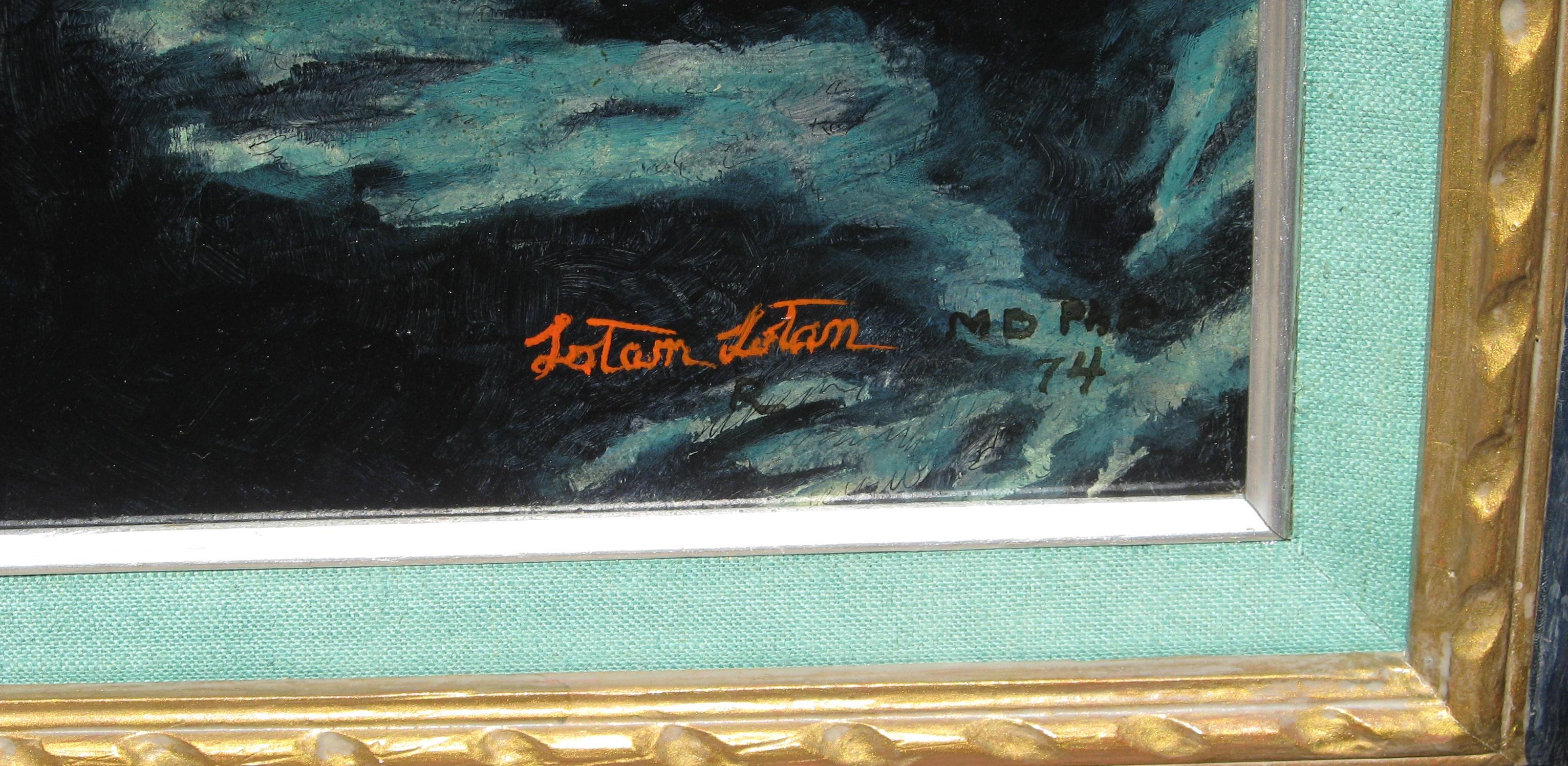 20th Century Lotan Lotan Surreal Painting Signed and Dated 1974, Artist on Top of the World For Sale