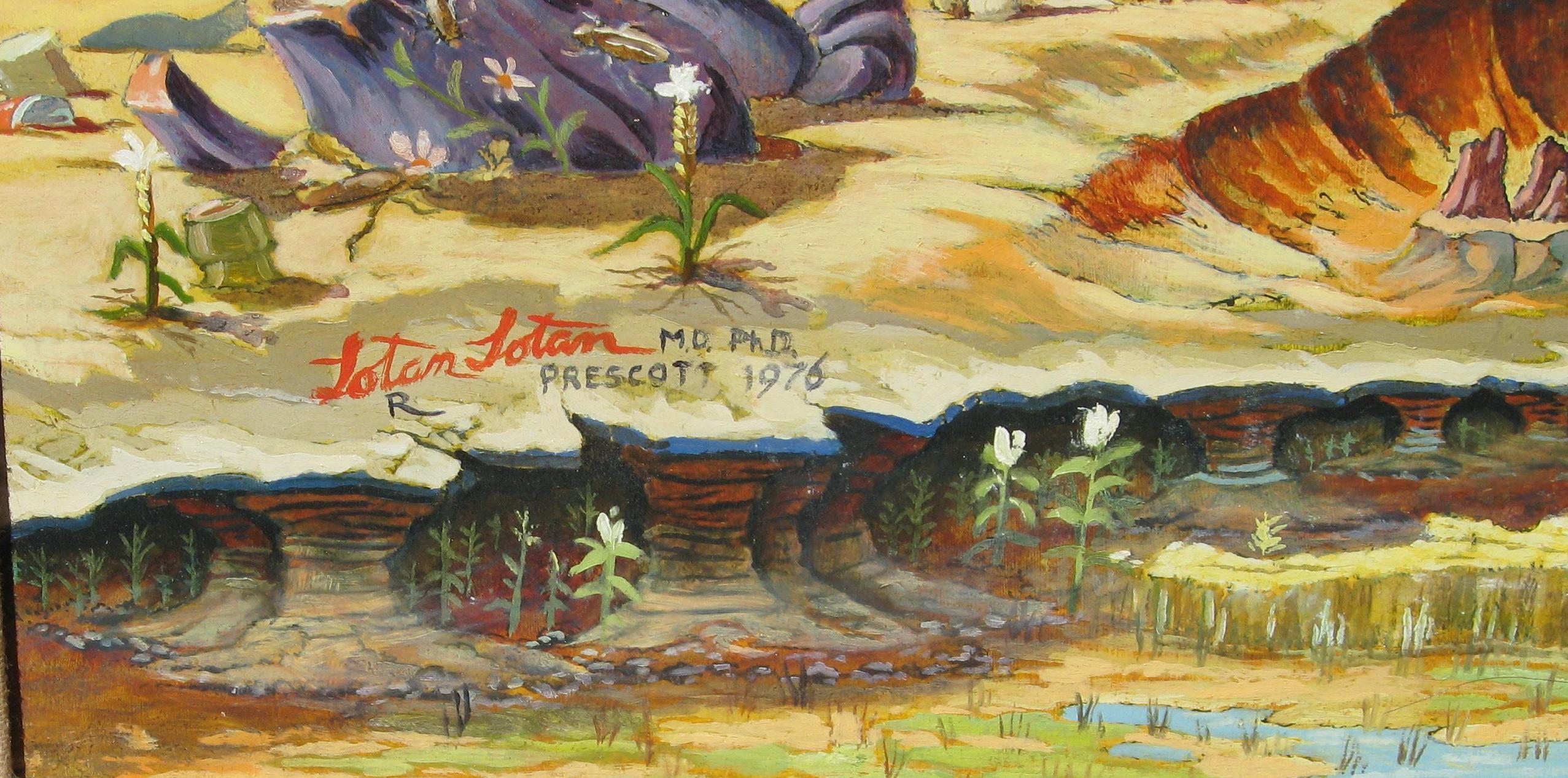 Peinture surréaliste, huile sur panneau de feu l'artiste ariégeois Lotan Lotan. 
Signé en bas à gauche par l'artiste et daté 1976. 
La peinture mesure 30
