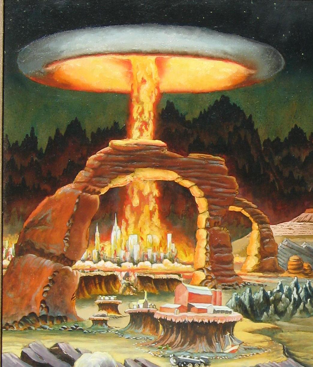 Surreales Gemälde, Lotan Lotan, signiert und datiert 1976, Apokalypse im Zustand „Hervorragend“ im Angebot in Phoenix, AZ