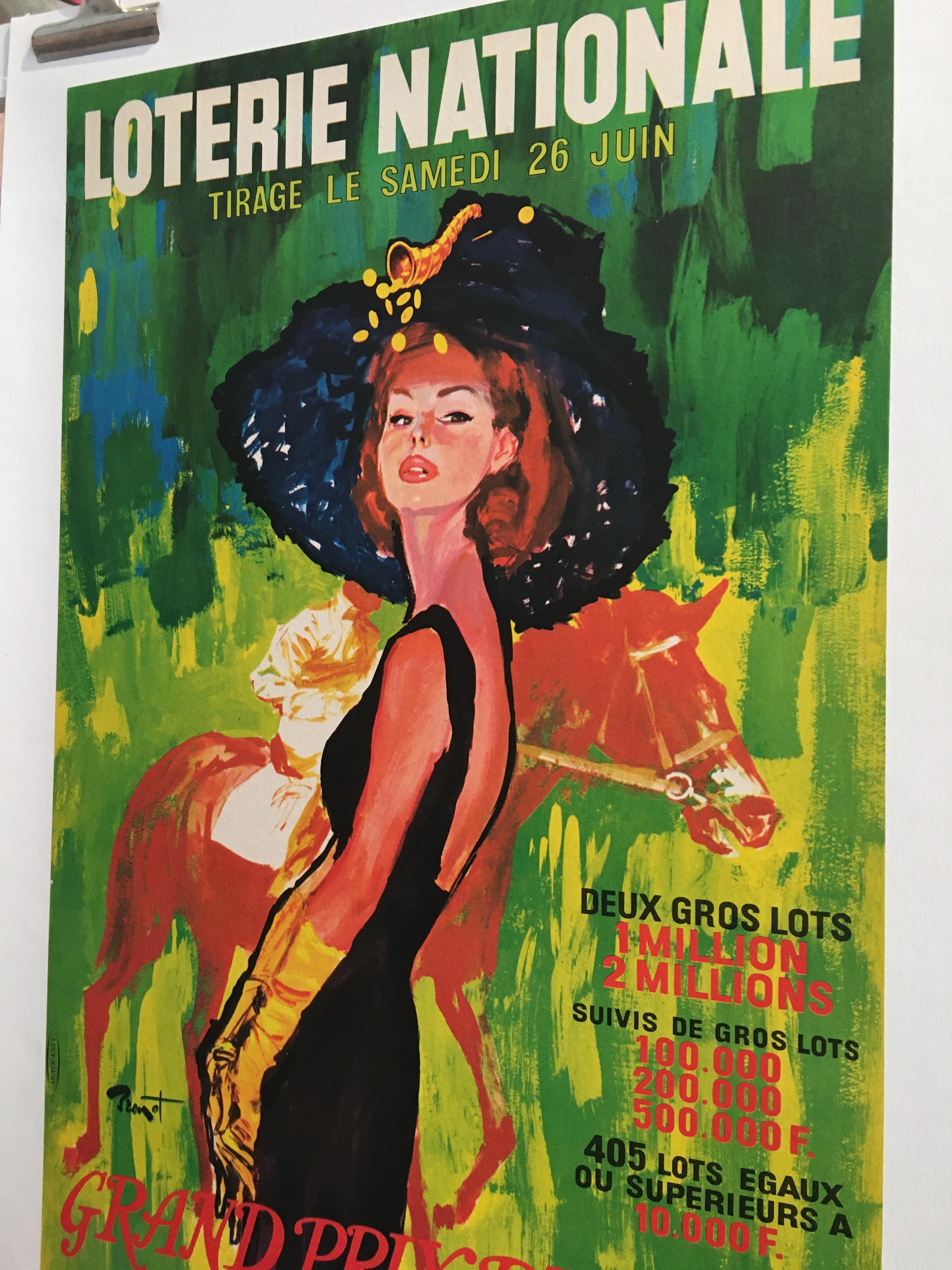 Papier Affiche française originale de la « Loterie Nationale », lithographie vintage, par Brenot, 1965 en vente
