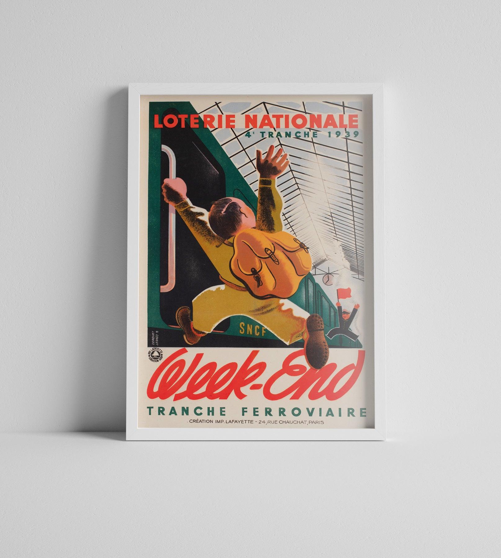 Celebrate the golden age of travel and design with the Loterie Nationale Week-End 1939 SNCF poster — a vibrant creation by renowned French artists Edgar Derouet and Charles Lesacq. Commissioned by the French National Lottery, this striking Art