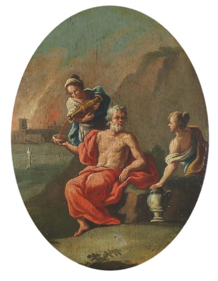 Loth and his daughters, Sodoma burning in the background. Unisigned. Oil on panel. Oval, 19th century.