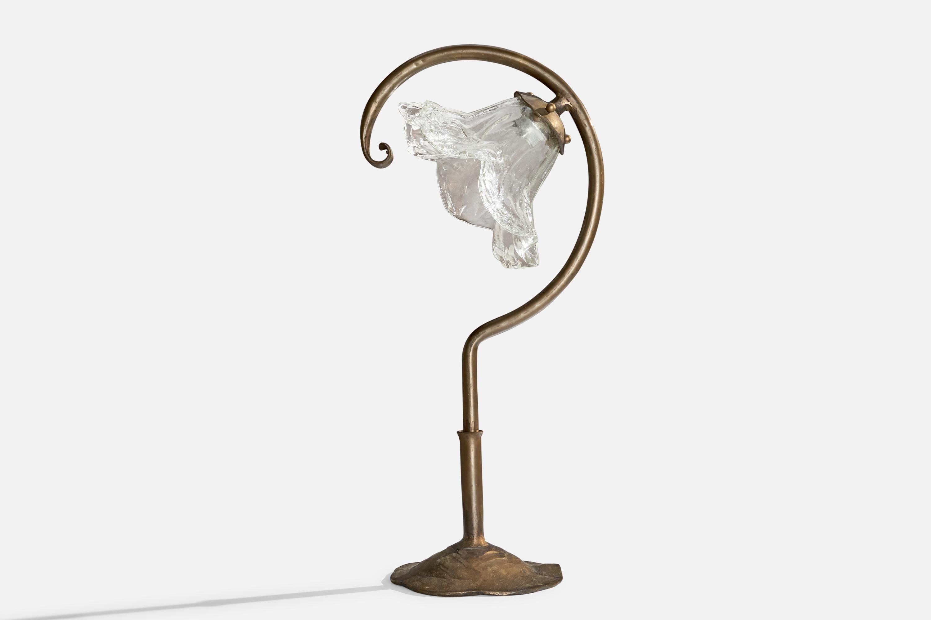 A large bronze and blown glass table lamp attributed to Lothar Klute, Germany, 1980s.

Dimensions of Lamp with Shade (inches): 33.25” H x 15.25” Diameter

Bulb Specifications: E-26 Bulbs

Number of Sockets (per fixture): 1

Sold with lampshade.

All