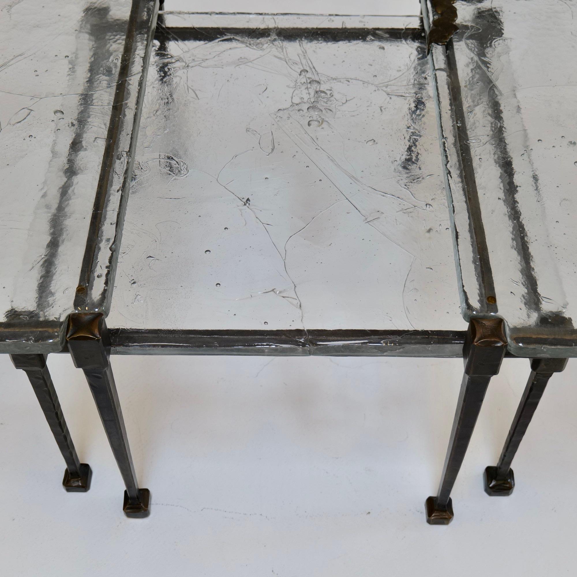 Lothar Klute bronze tables with cast crystal glass For Sale 4