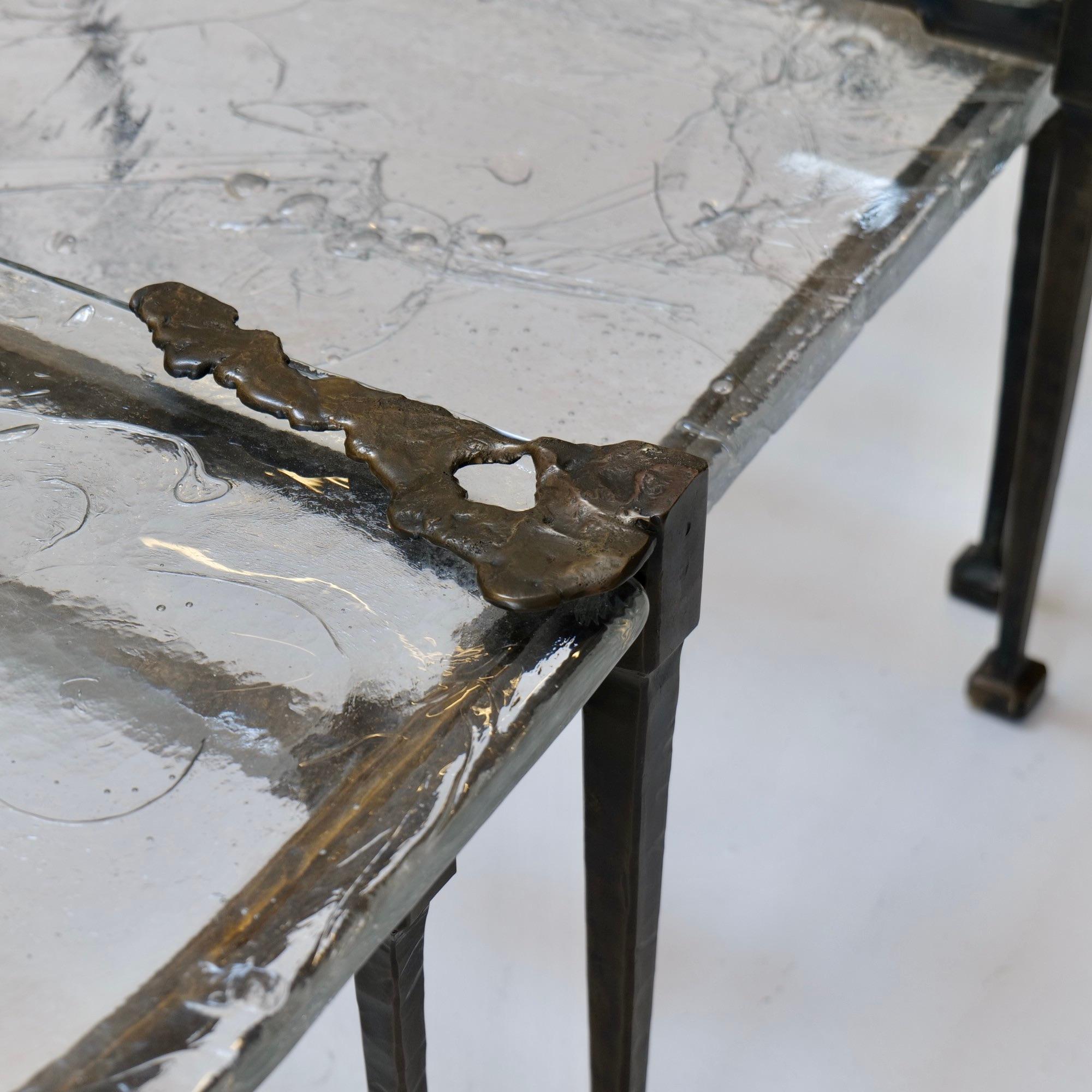 Lothar Klute bronze tables with cast crystal glass For Sale 7