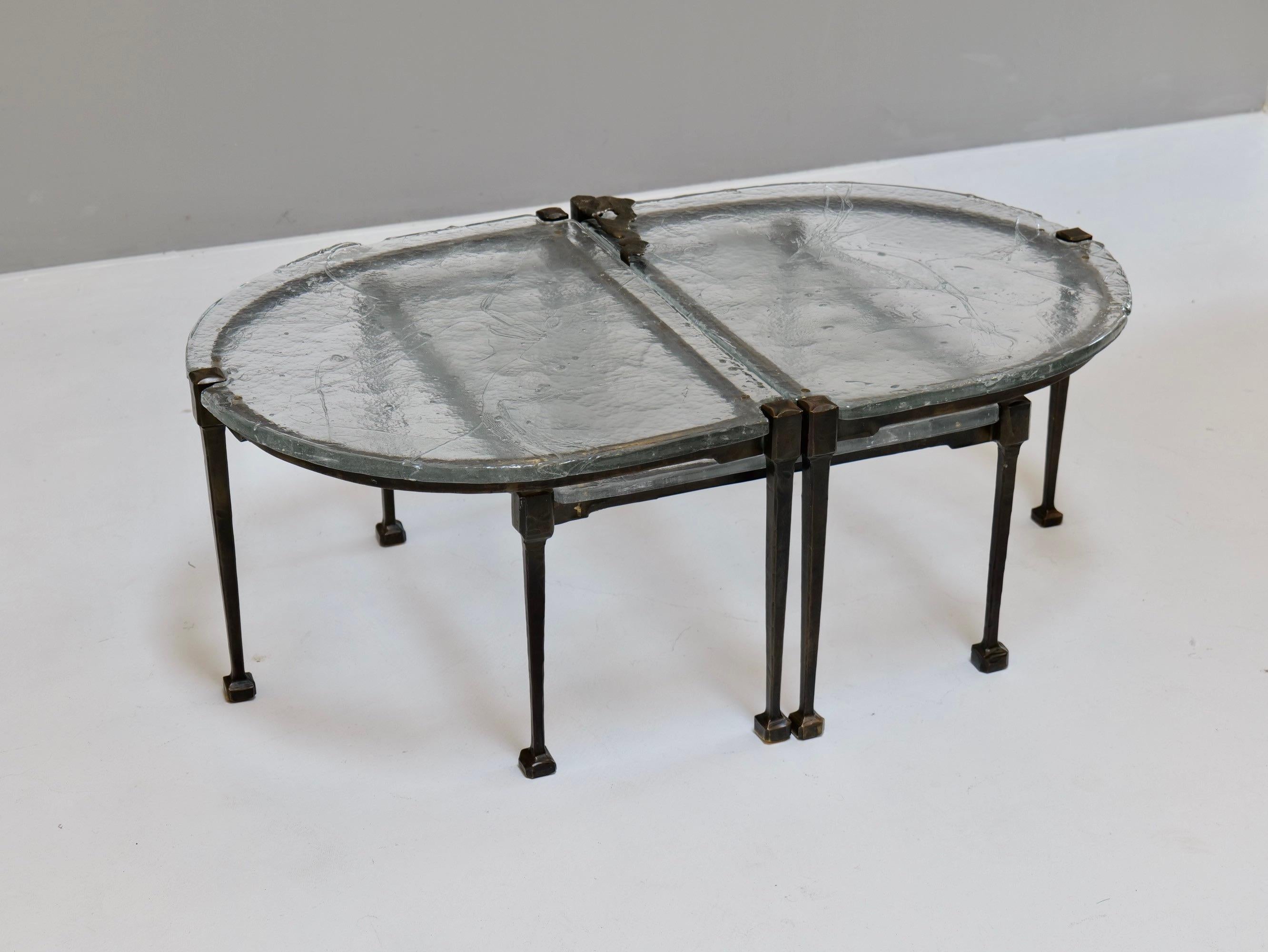 German Lothar Klute bronze tables with cast crystal glass For Sale