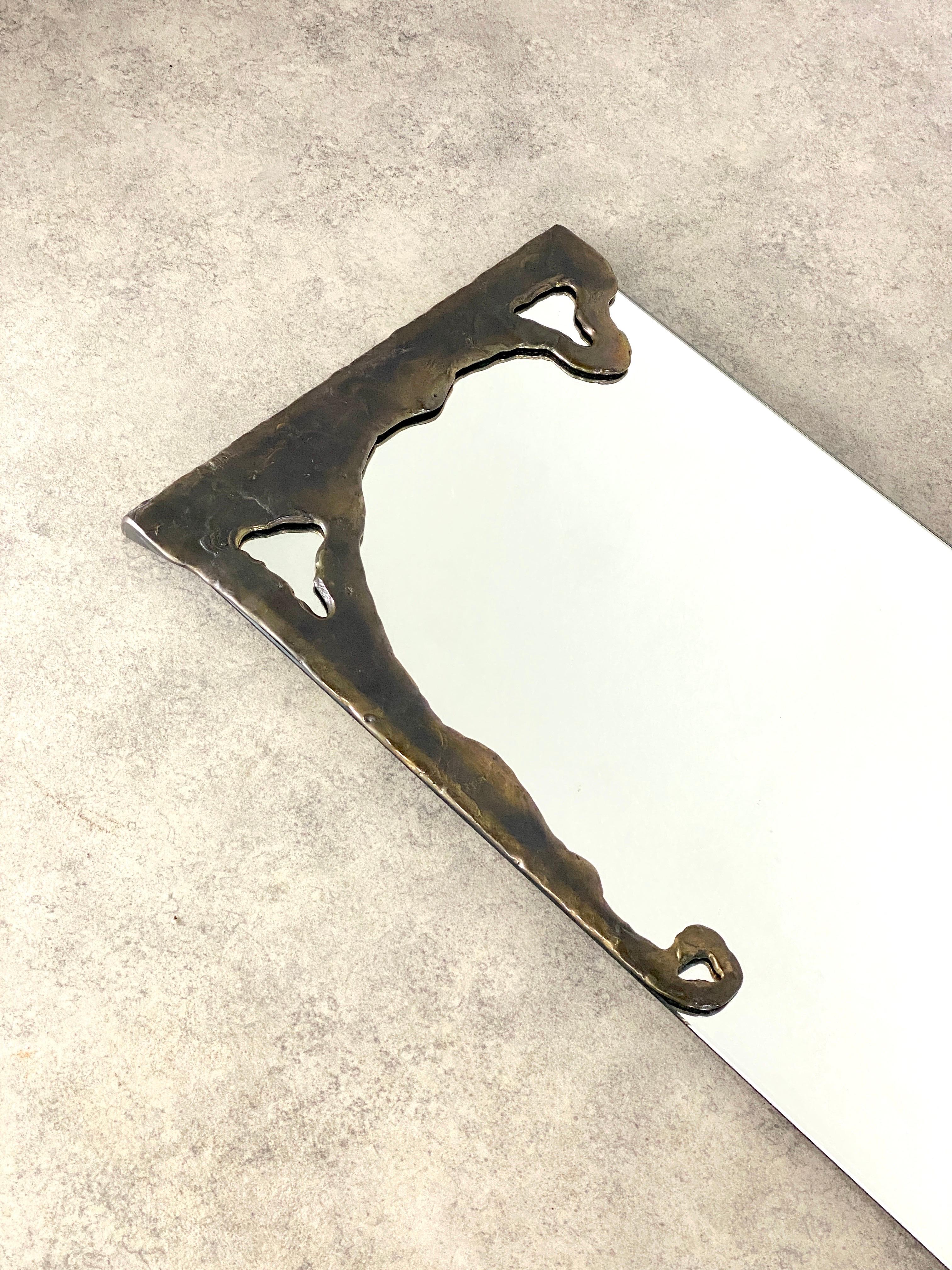 German Lothar Klute Sculptural Wall Mirror with Bronze Frame Signed 'LK93‘