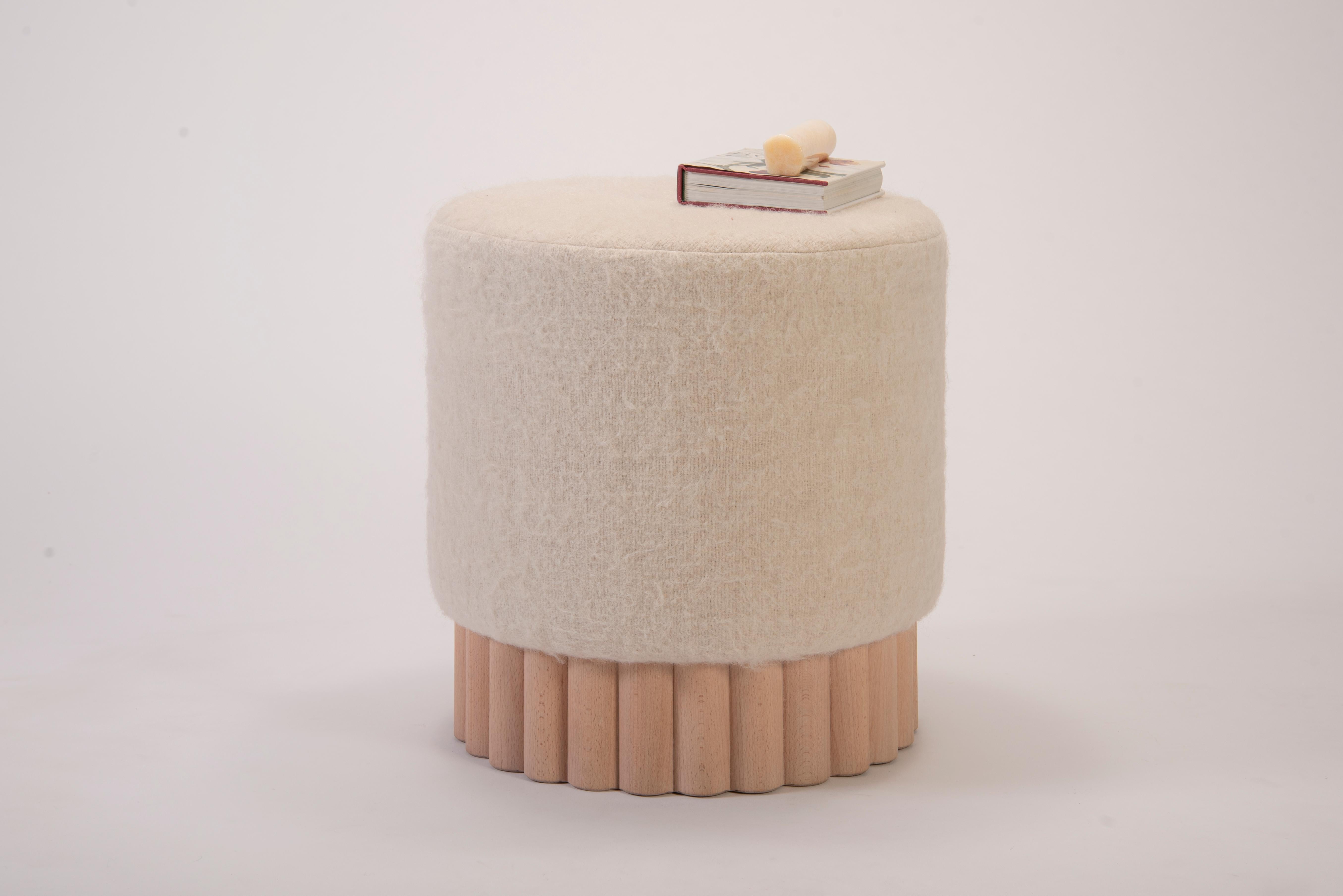 Mexican Loto Pouf, Beech, Tzalam or Blackened Oak Wood and Leather or Fabric