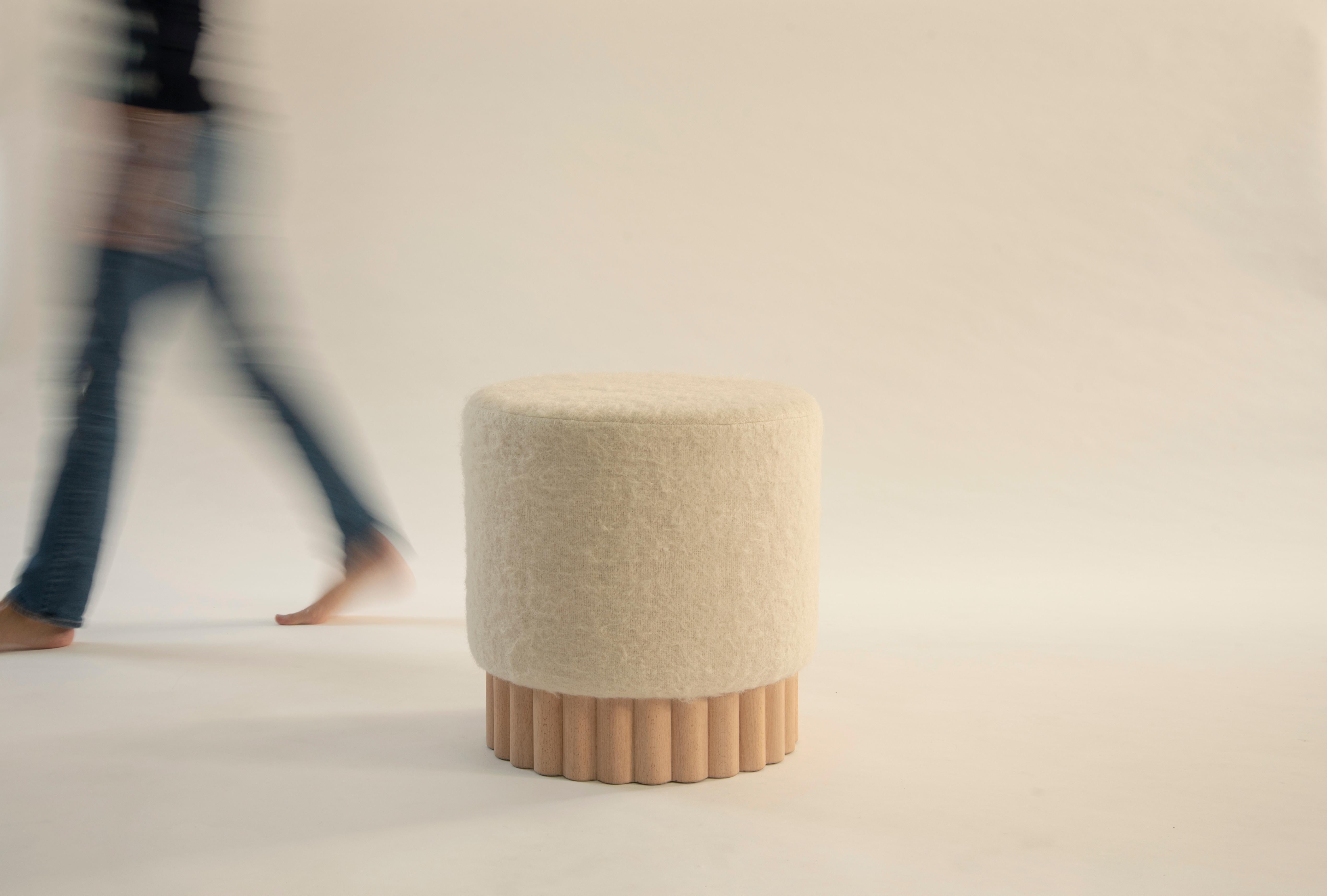 Hand-Crafted Loto Pouf, Beech, Tzalam or Blackened Oak Wood and Leather or Fabric
