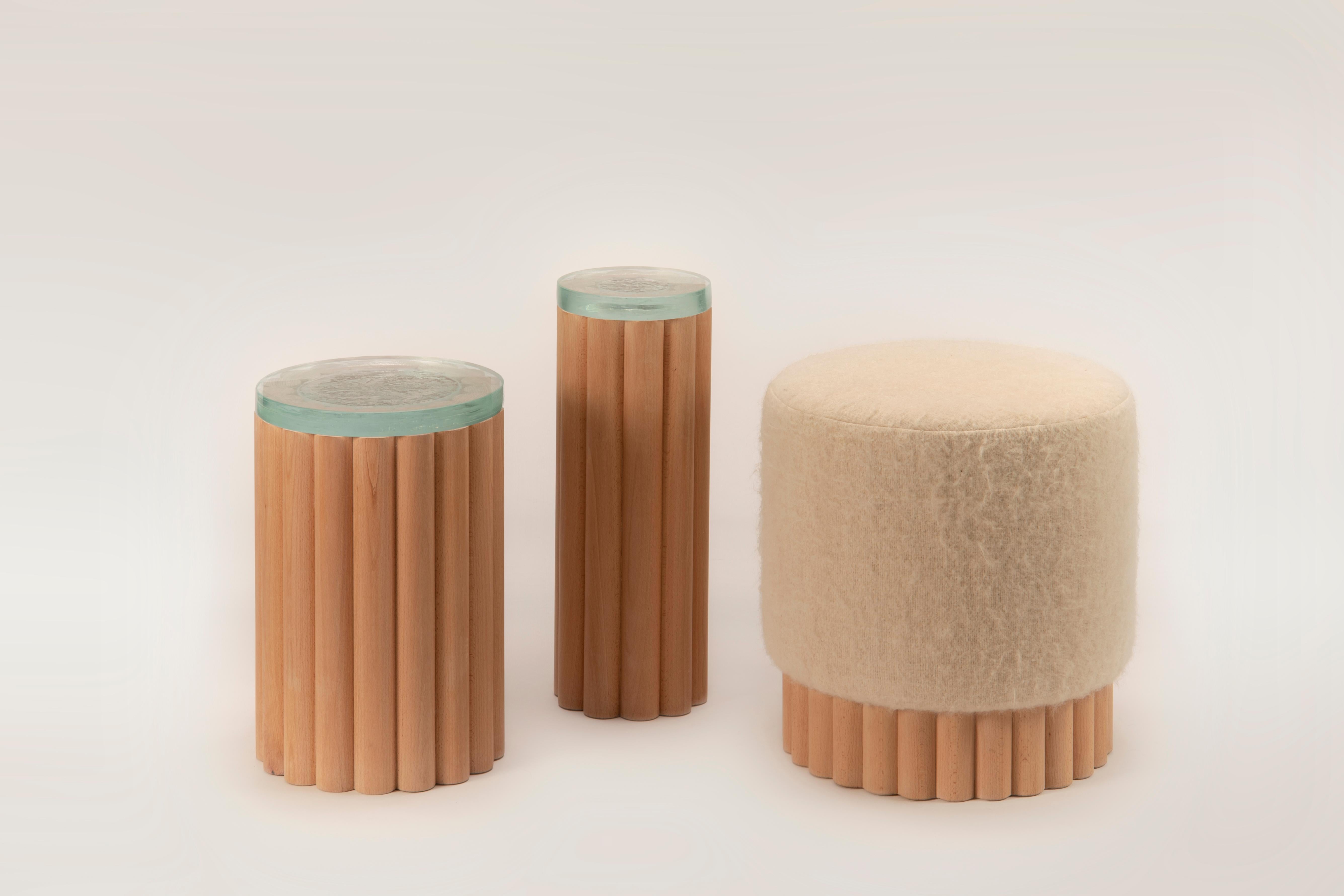 Loto Pouf, Beech, Tzalam or Blackened Oak Wood and Leather or Fabric In New Condition In Zapopan, Jalisco