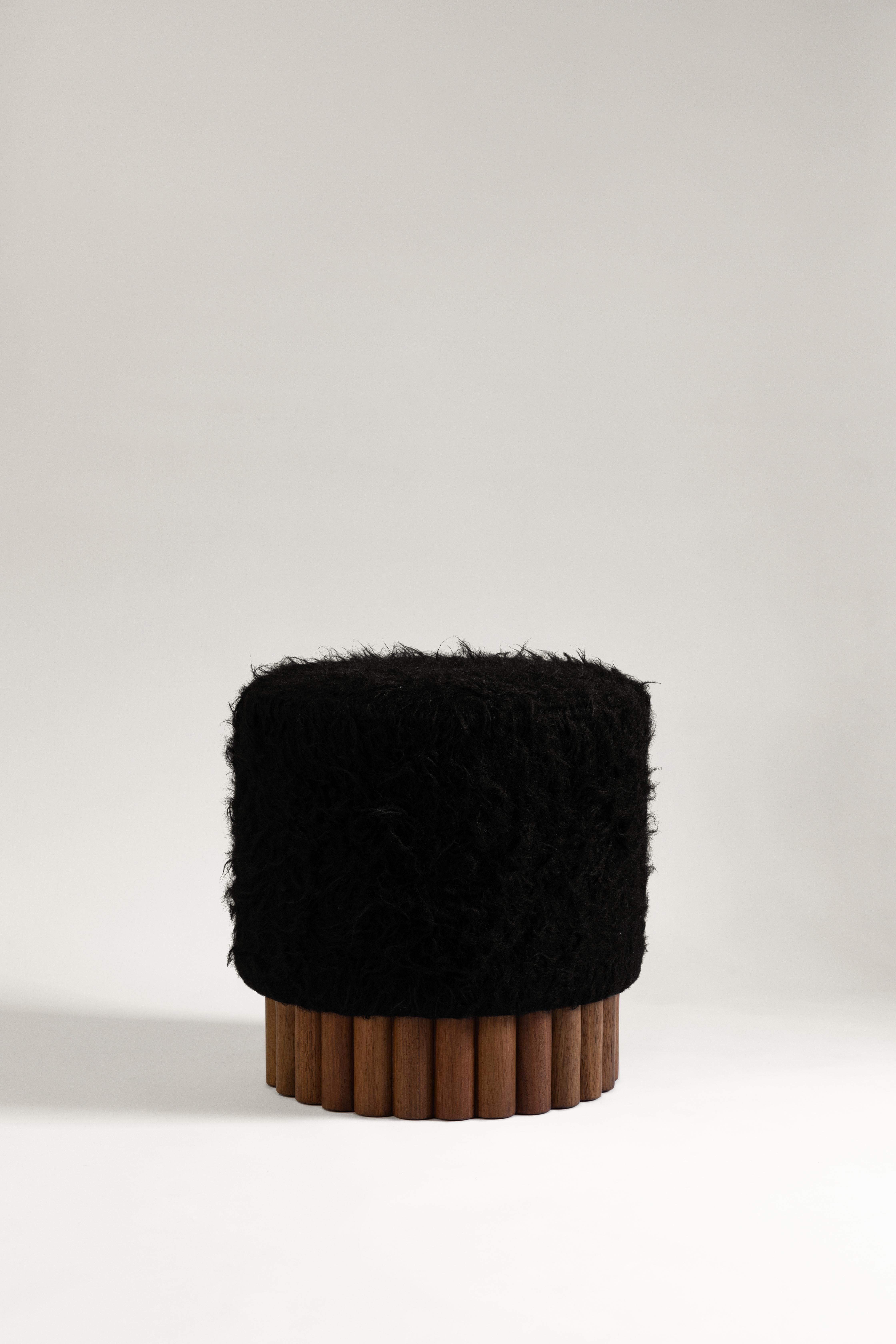 Minimalist Loto Pouf in Black Shag Wool by Peca For Sale