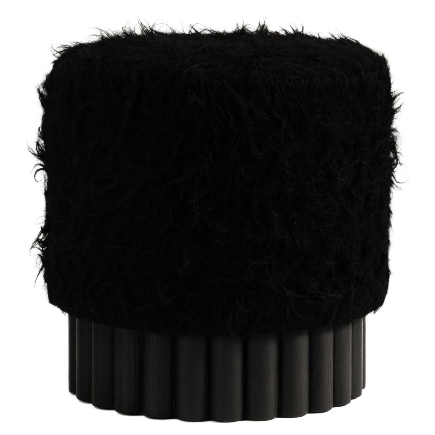 Loto Pouf in Black Shag Wool by Peca