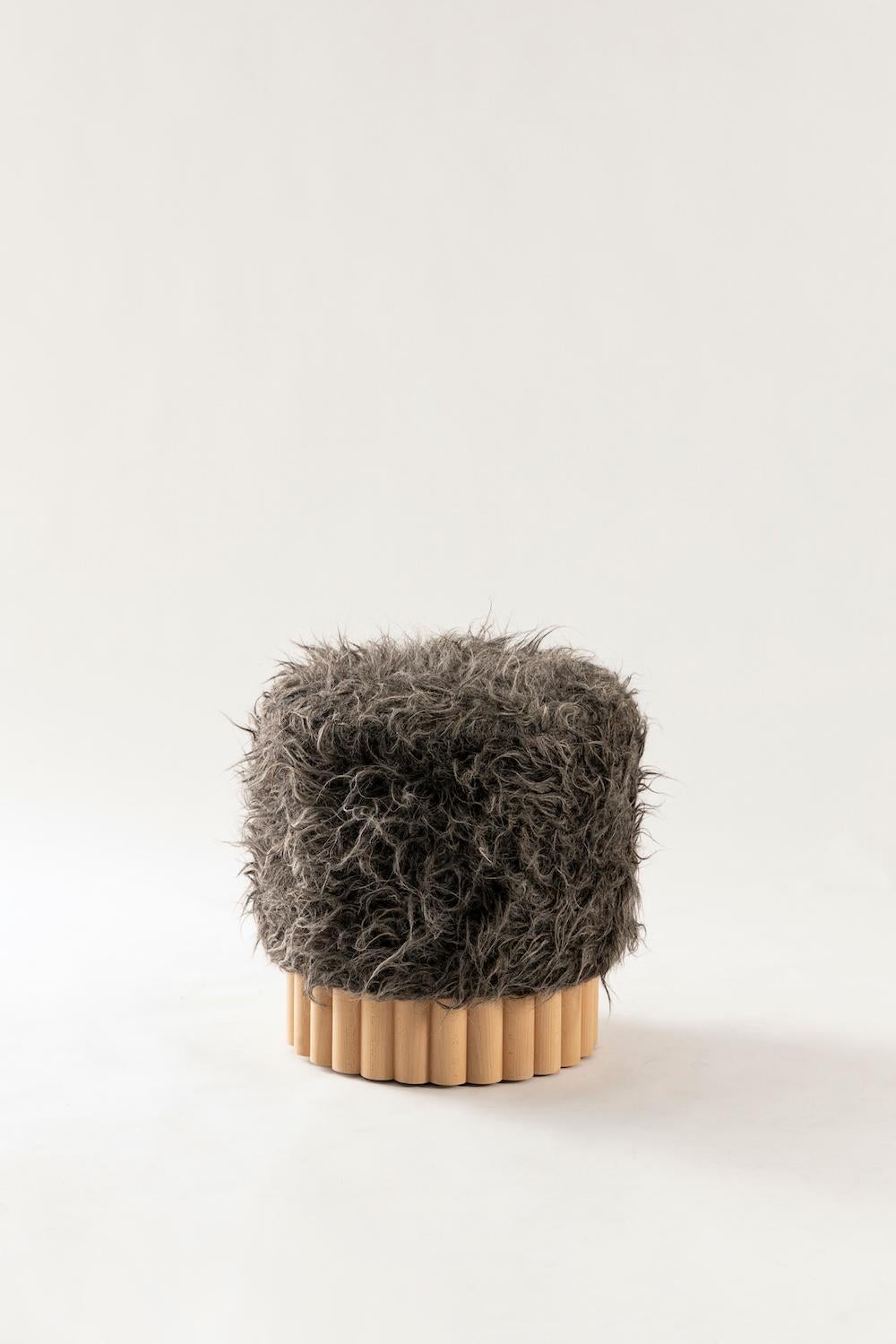 Minimalist LOTO Pouf in Gray Long Pile Shag Wool by Peca For Sale