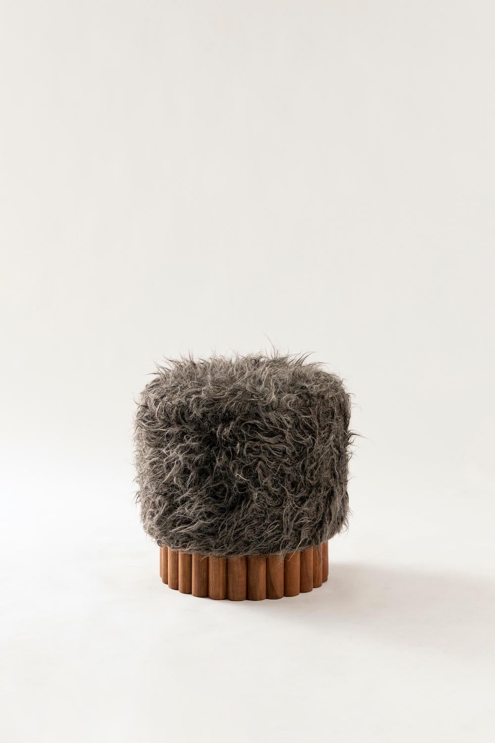 Mexican LOTO Pouf in Gray Long Pile Shag Wool by Peca For Sale