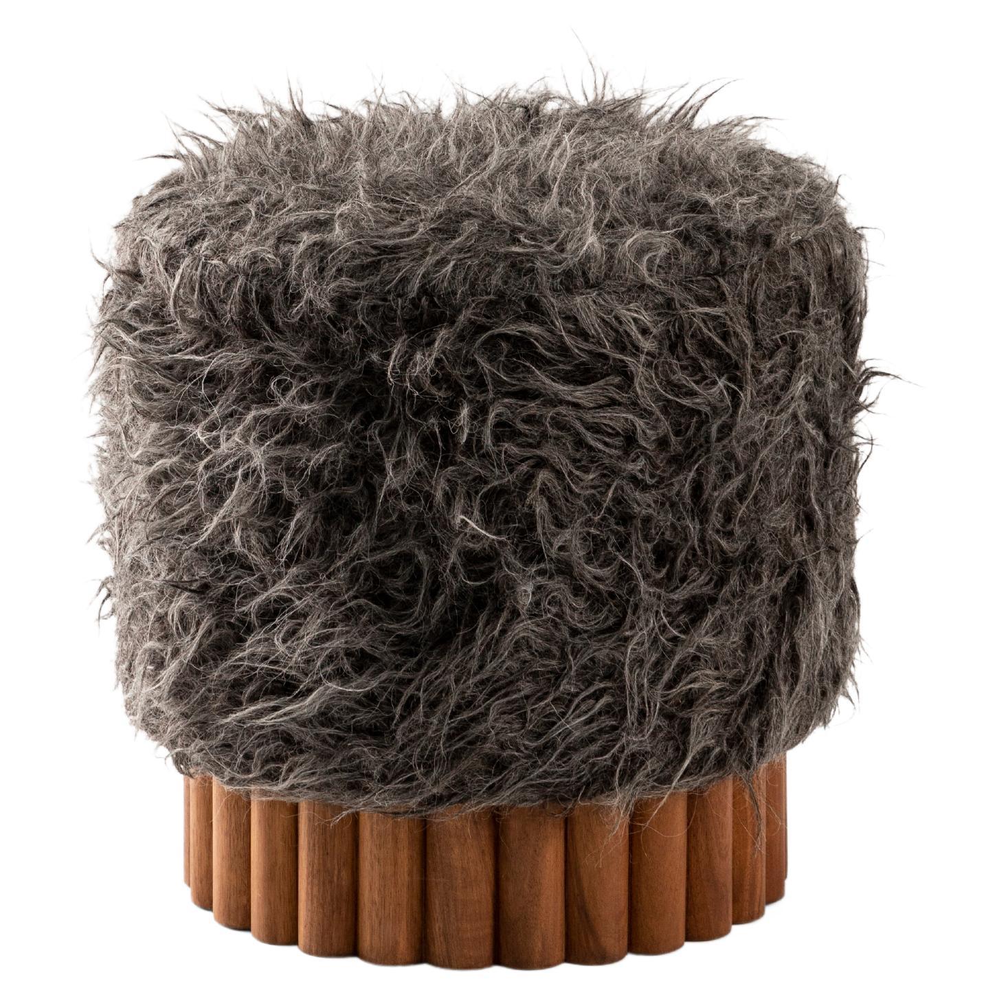 LOTO Pouf in Gray Long Pile Shag Wool by Peca For Sale