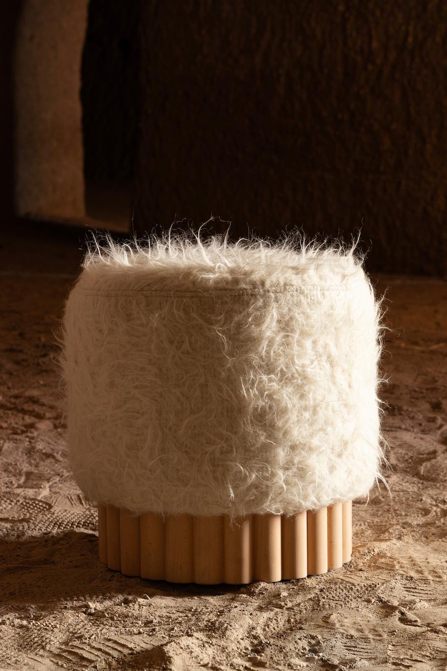 Wood LOTO Pouf in Long Pile Shag Wool by Peca For Sale