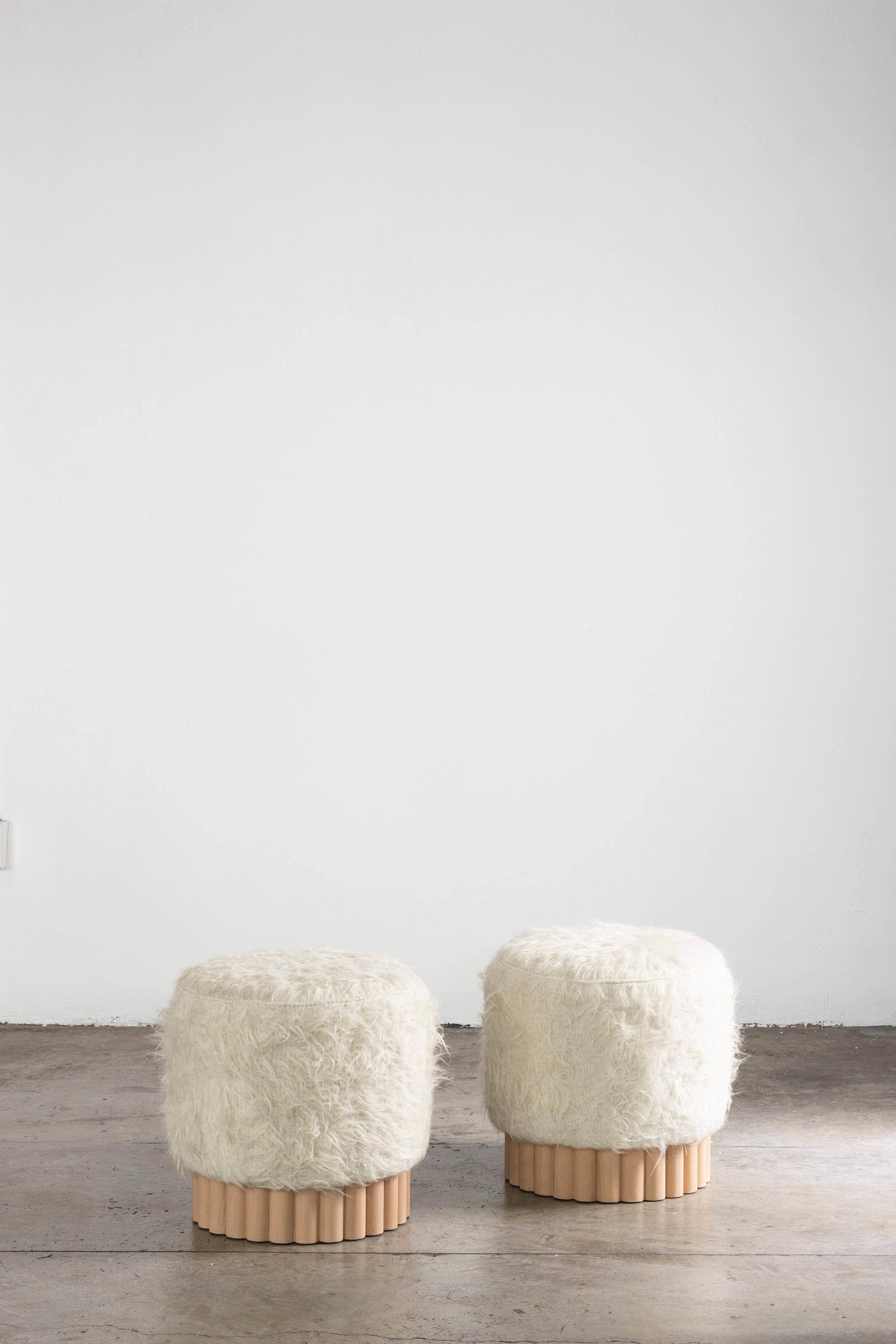 Minimalist LOTO Pouf in Long Pile Shag Wool by Peca For Sale