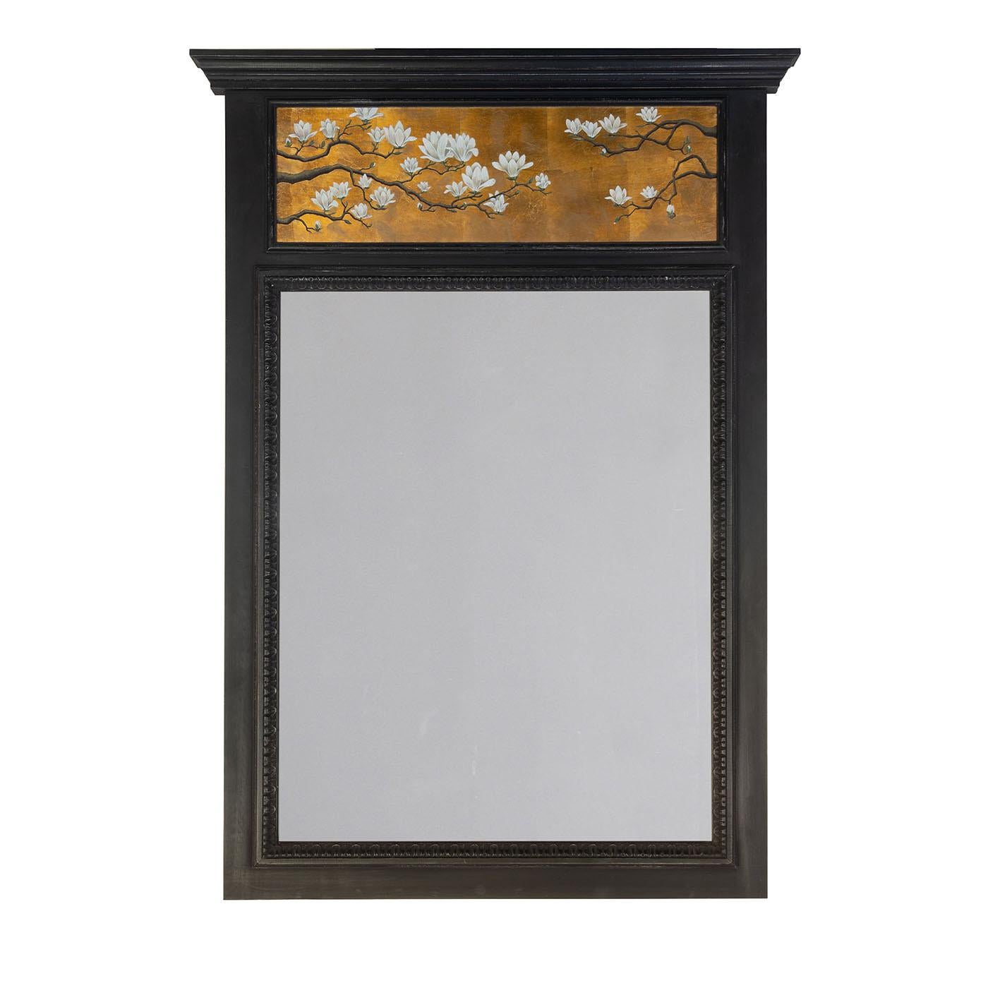 Bois Loto Rectangular Floral Black Wooden Mirror by Spini Firenze en vente