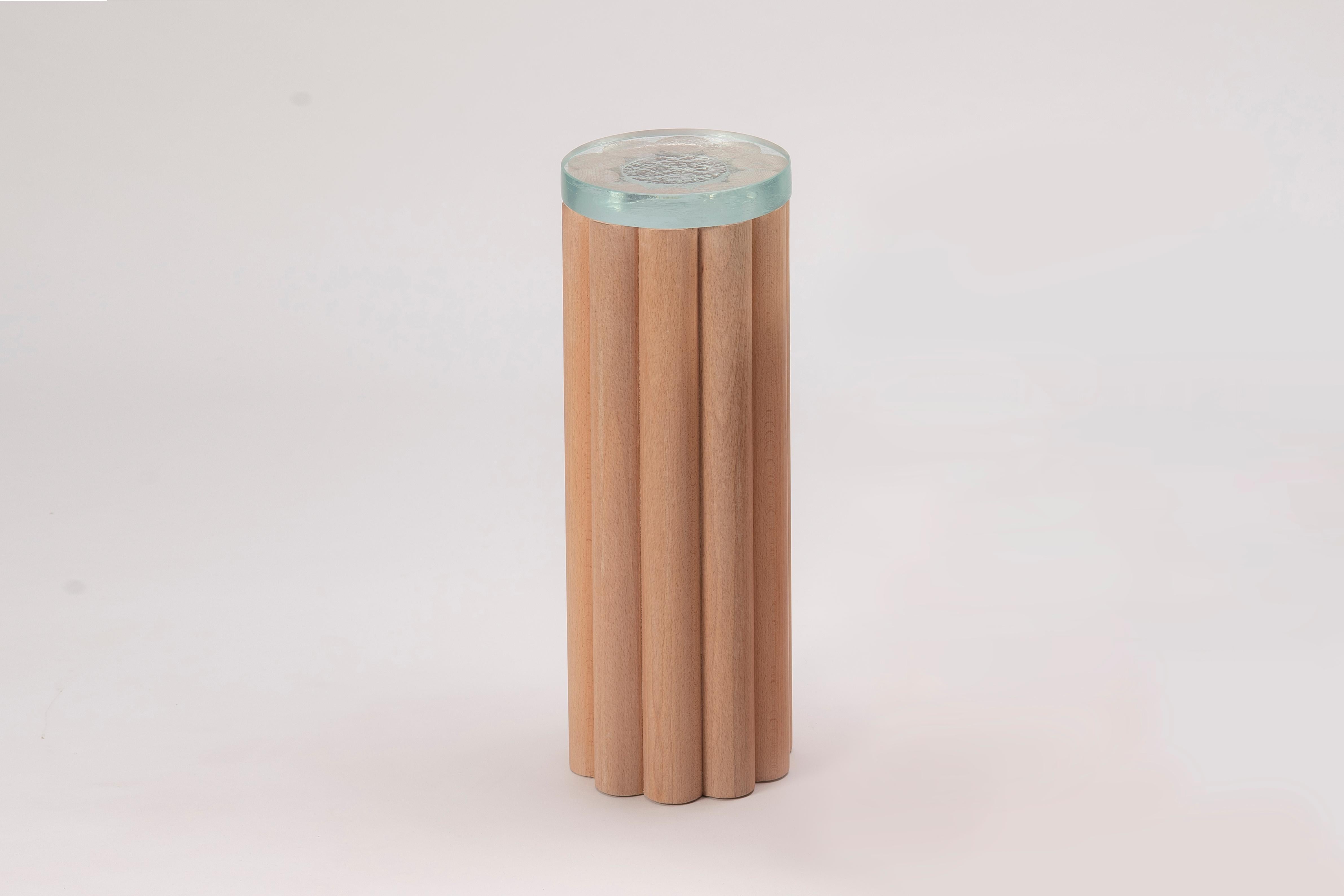 Minimalist Loto Side Tables, Set of 2, Beech Wood and Fused Glass For Sale