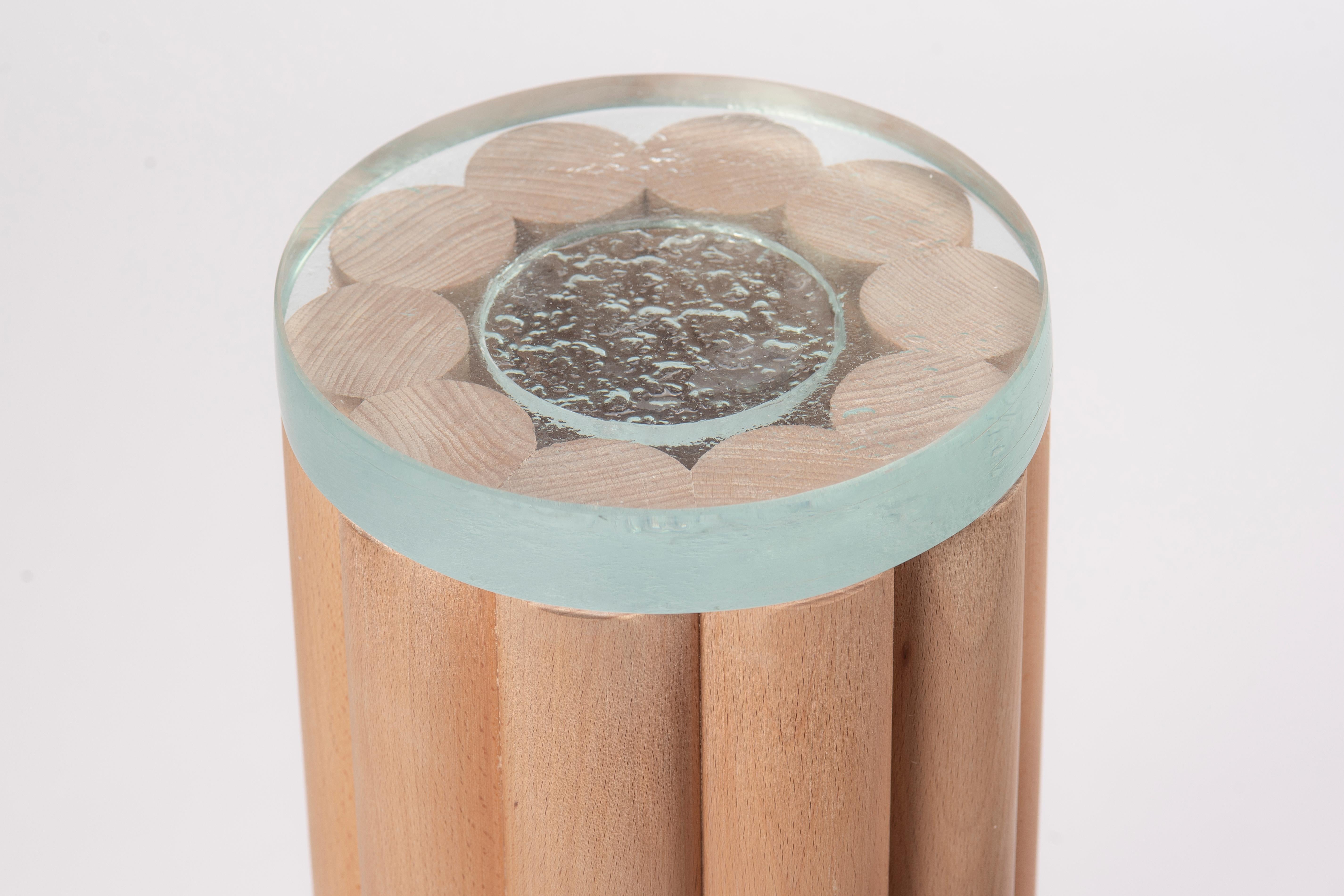 Contemporary Loto Side Tables, Set of 2, Beech Wood and Fused Glass For Sale