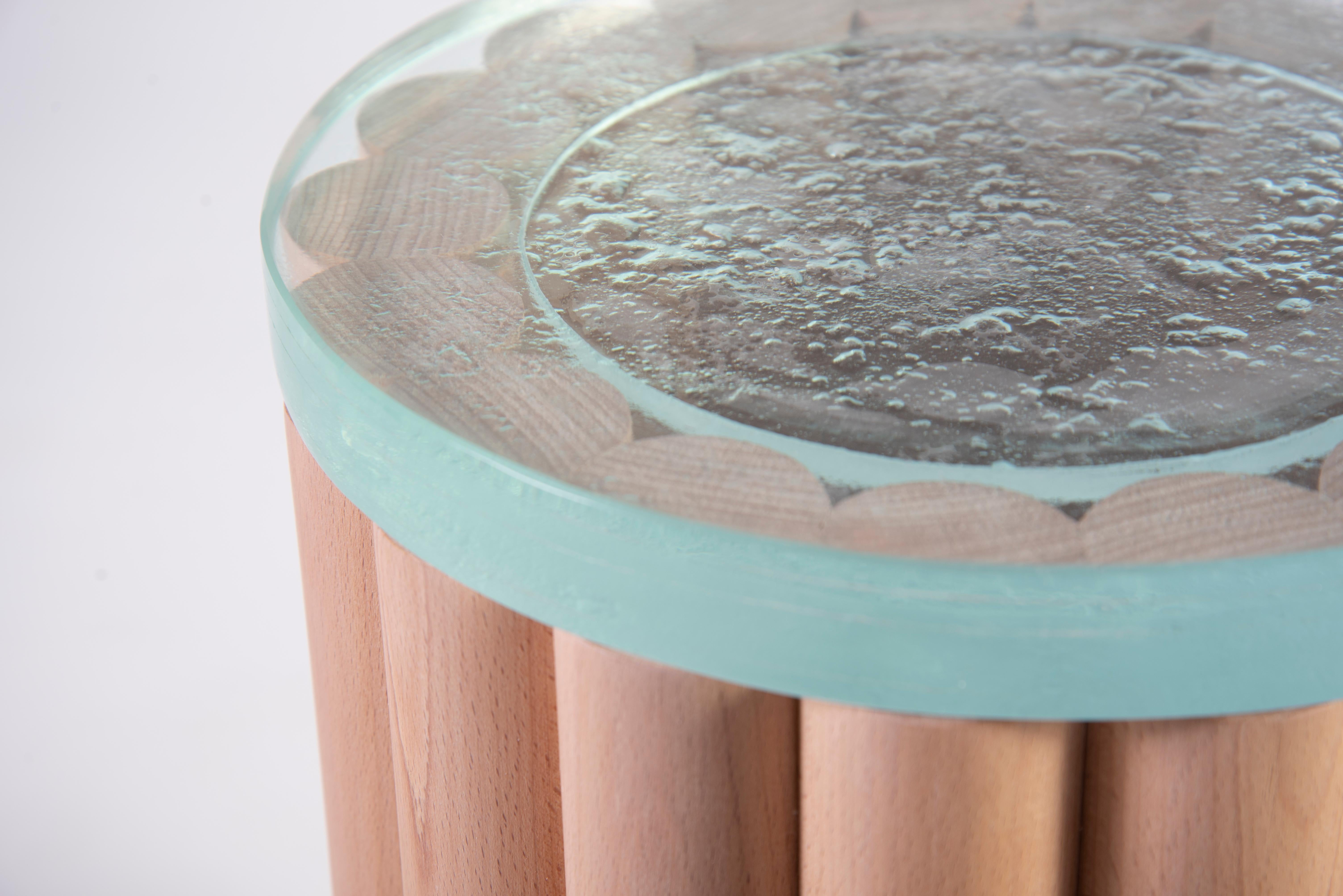 Minimalist Loto Side Table Short, Beech Wood and Fused Glass For Sale