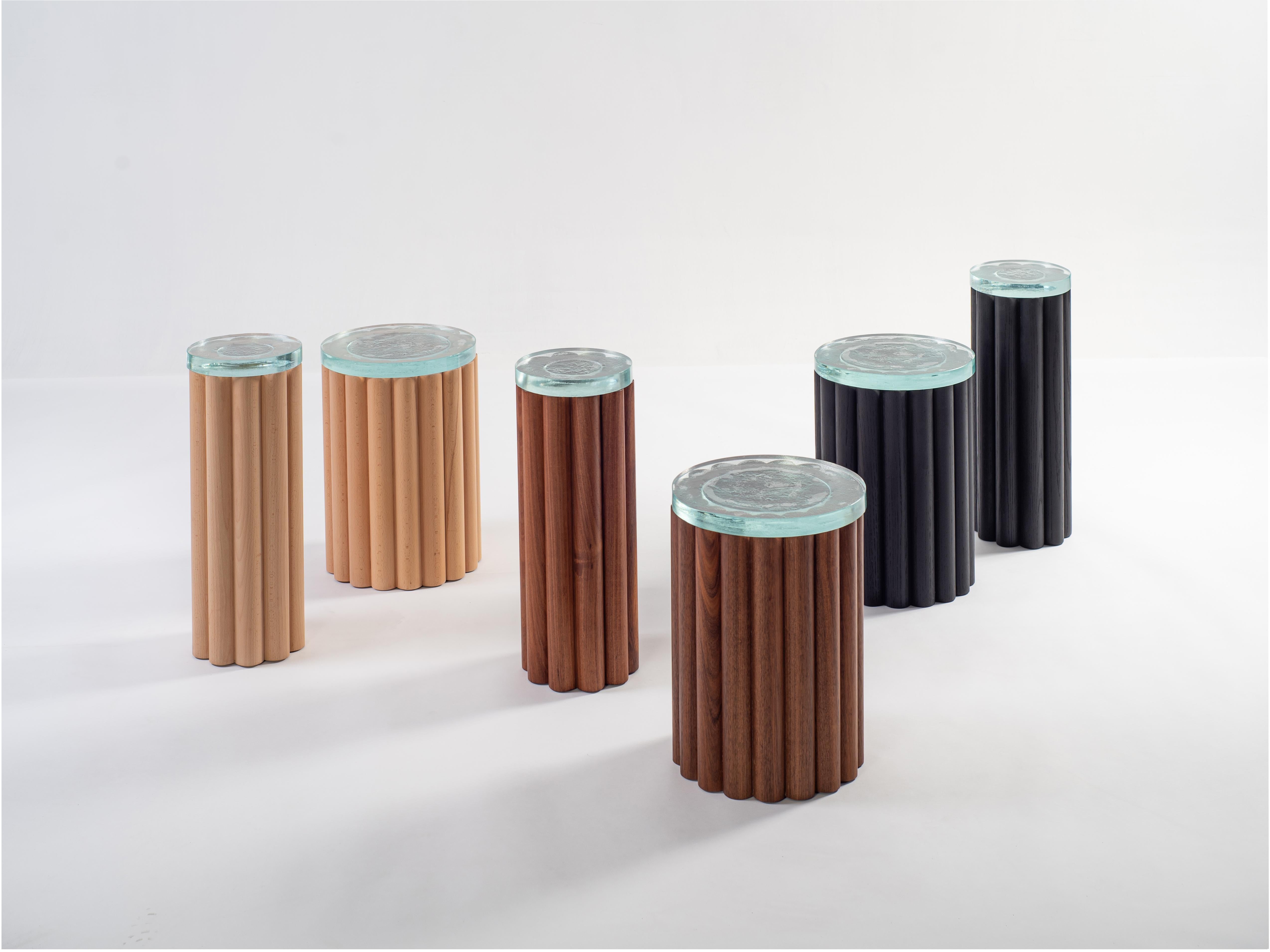 Contemporary Loto Side Table Short, Beech Wood and Fused Glass For Sale