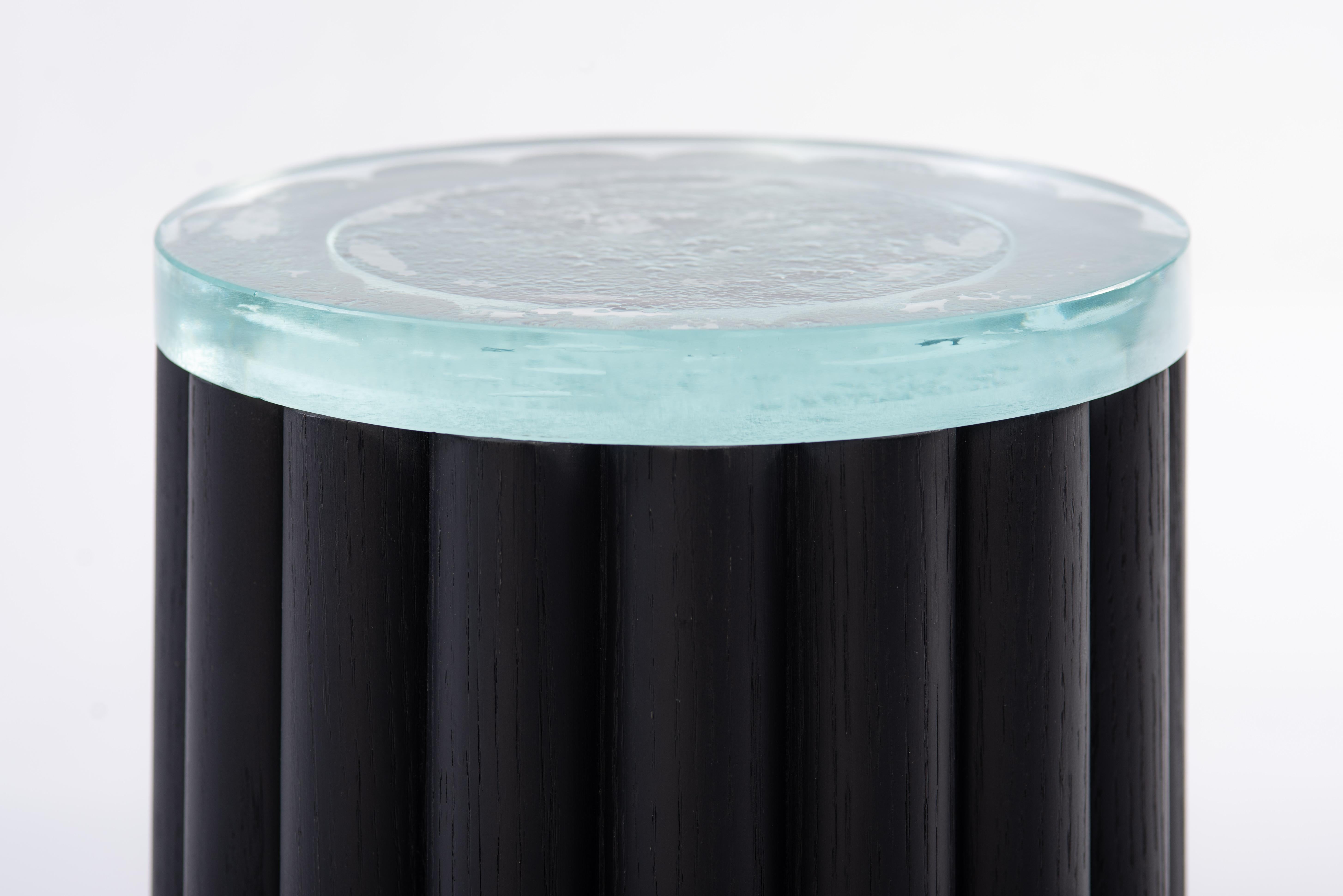 Mexican Loto Side Table Short, Black Oak Wood and Fused Glass For Sale