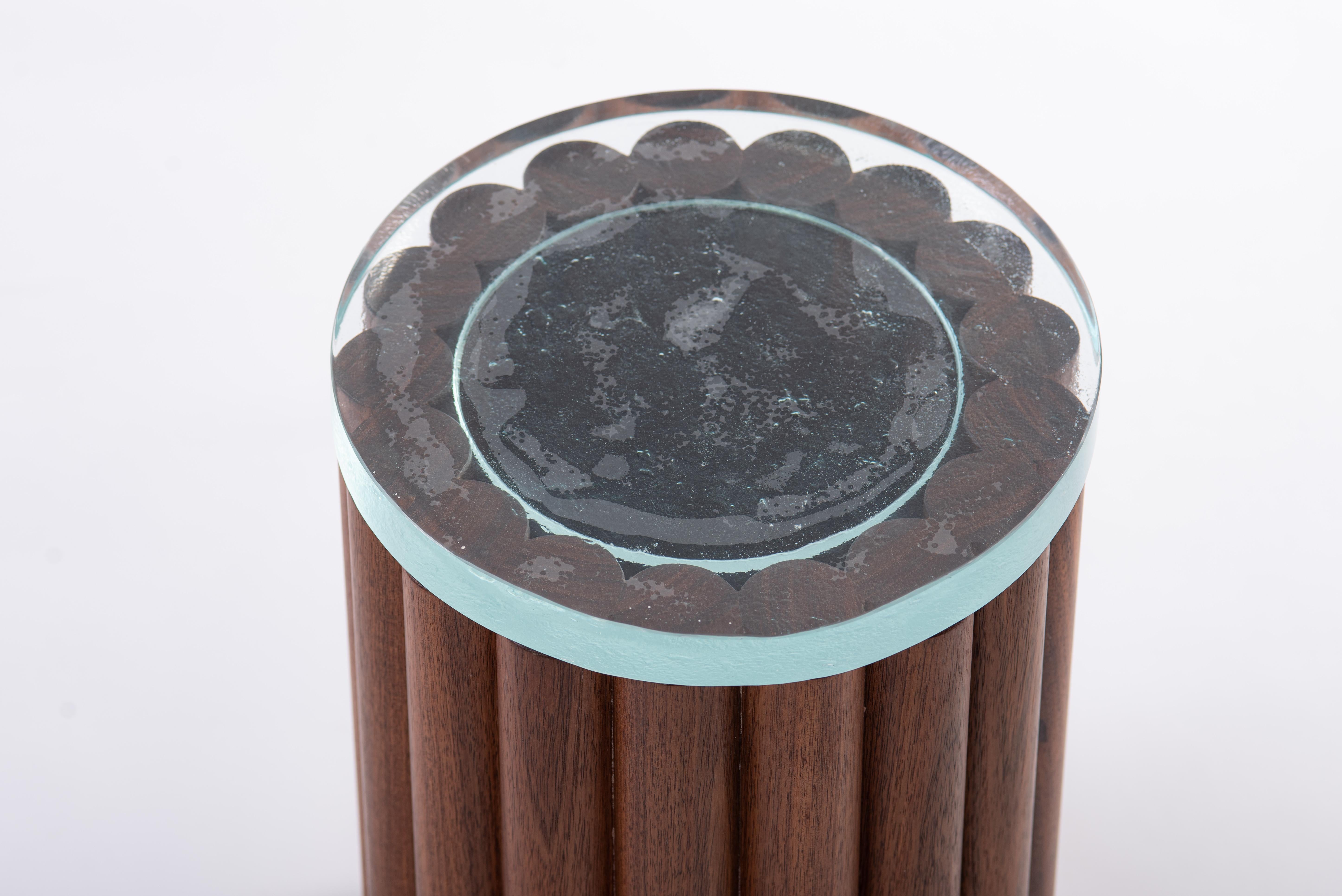 Minimalist Loto Side Table Short, Tzalam Wood and Fused Glass For Sale