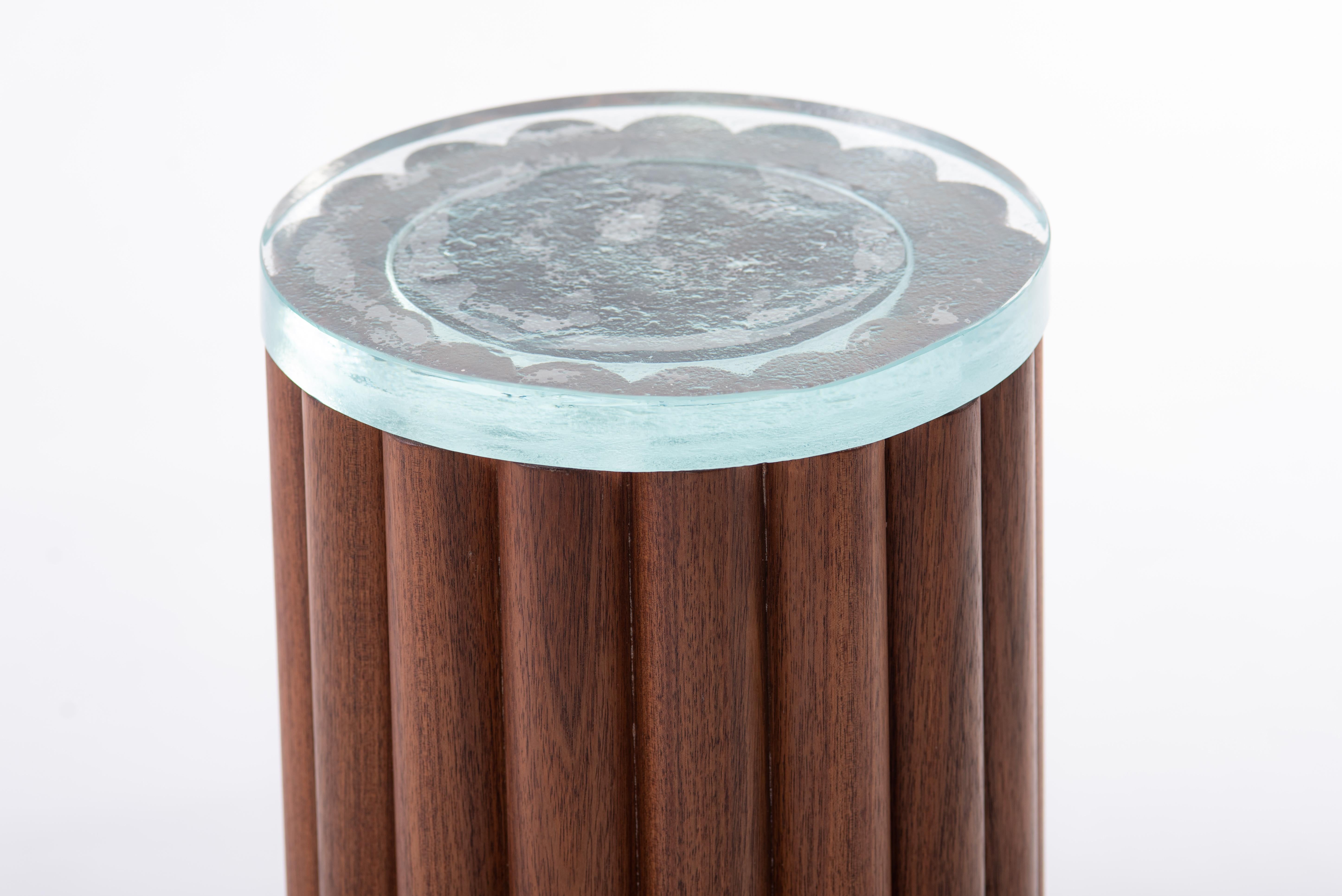 Mexican Loto Side Table Short, Tzalam Wood and Fused Glass For Sale