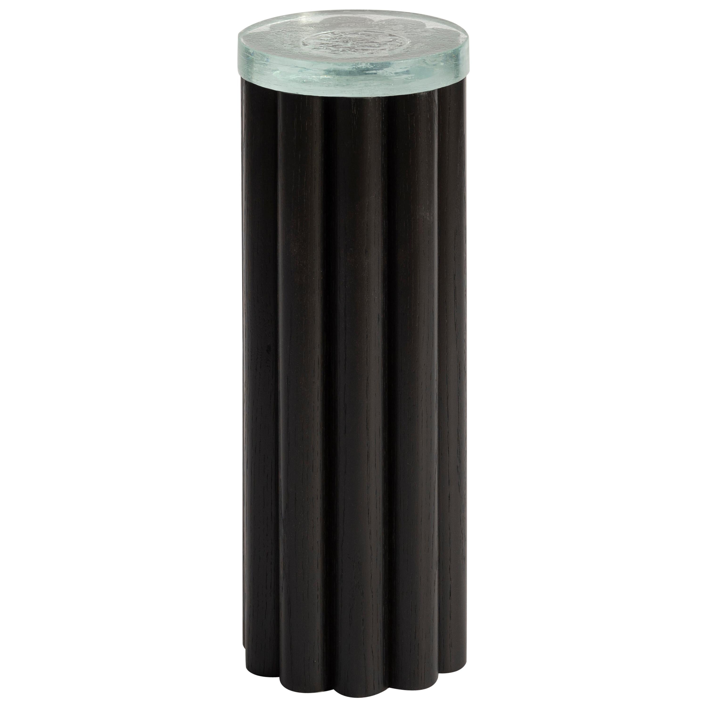 Loto Side Table Tall, Black Oak Wood and Fused Glass